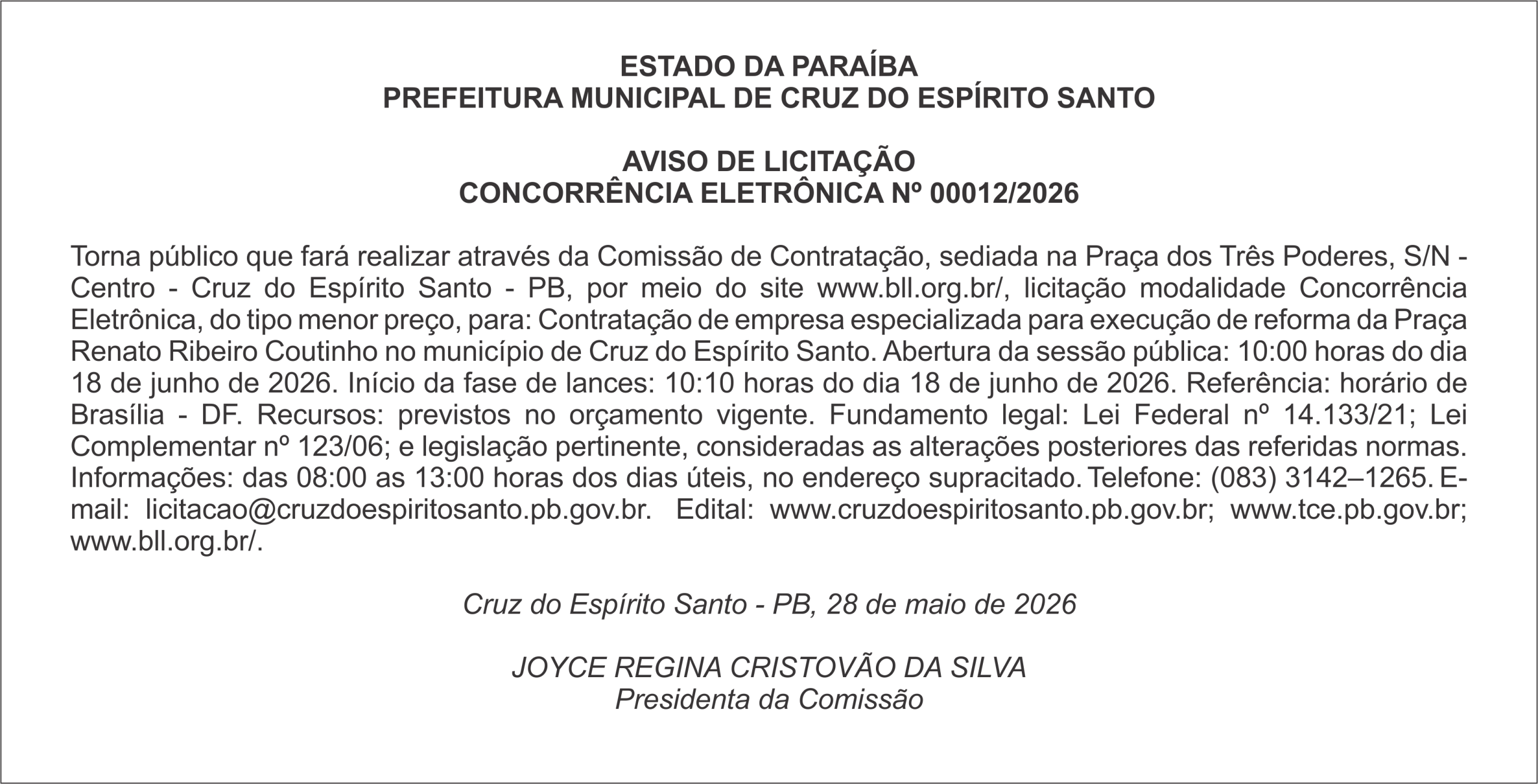 PREFEITURA MUNICIPAL DE CRUZ DO ESPÍRITO SANTO – AVISO DE LICITAÇÃO CONCORRÊNCIA ELETRÔNICA Nº 00012/2026