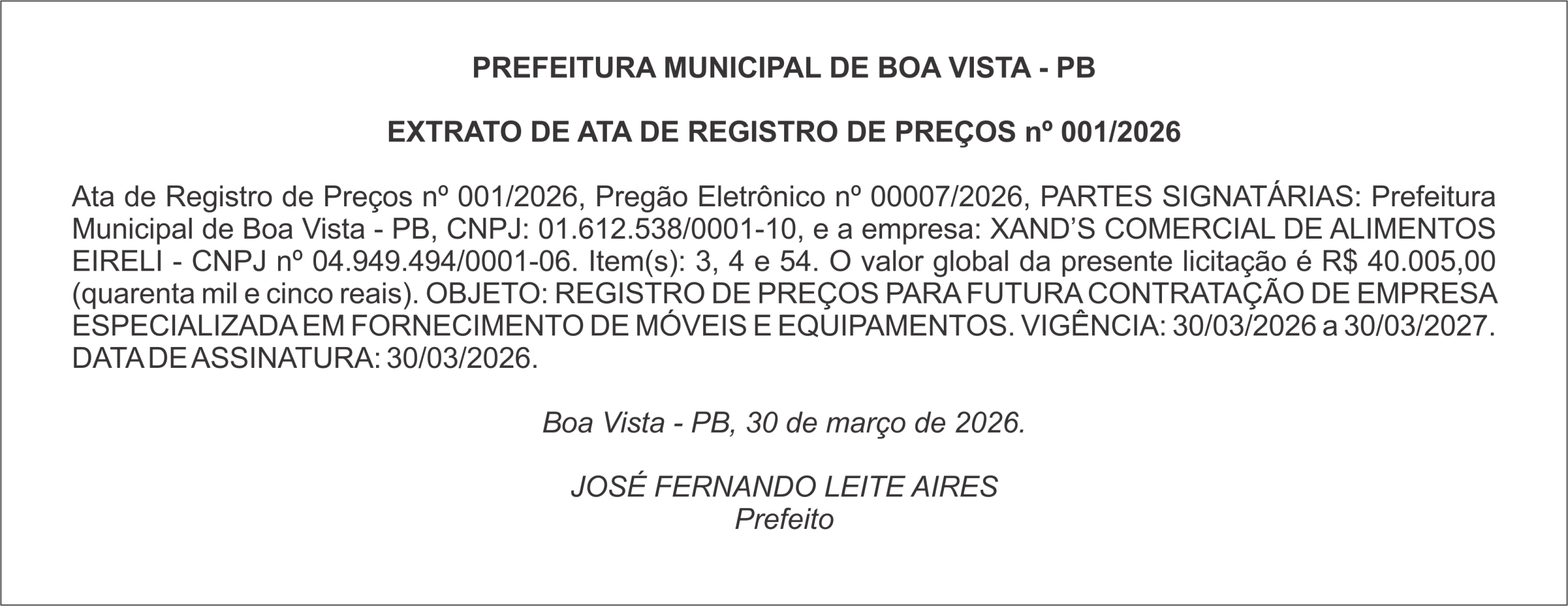 PREFEITURA MUNICIPAL DE BOA VISTA – PB – EXTRATO DE ATA DE REGISTRO DE PREÇOS nº 001/2026