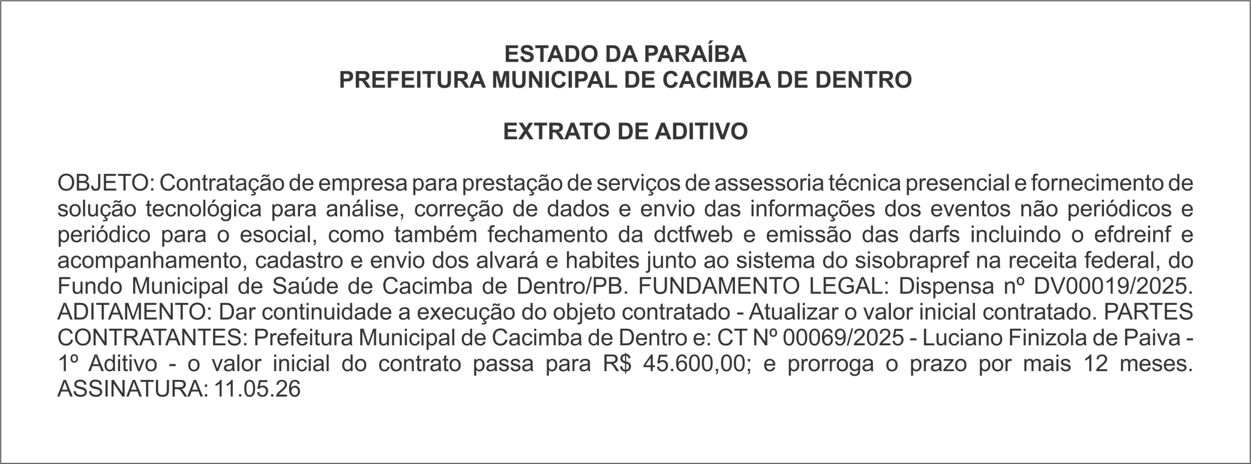 PREFEITURA MUNICIPAL DE CACIMBA DE DENTRO – EXTRATO DE ADITIVO