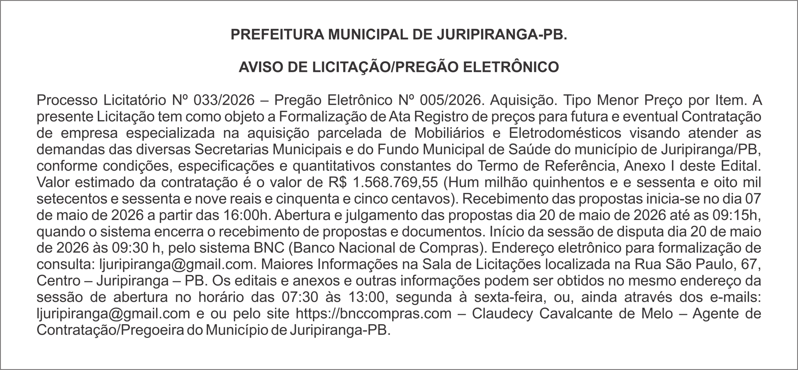 PREFEITURA MUNICIPAL DE JURIPIRANGA-PB – AVISO DE LICITAÇÃO/PREGÃO ELETRÔNICO