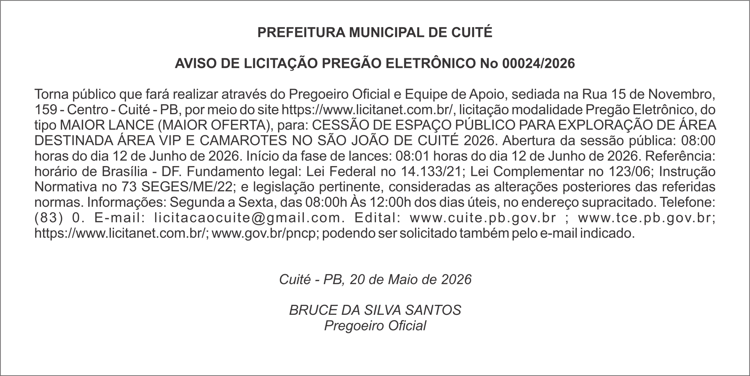 PREFEITURA MUNICIPAL DE CUITÉ  AVISO DE LICITAÇÃO PREGÃO ELETRÔNICO No 00024/2026