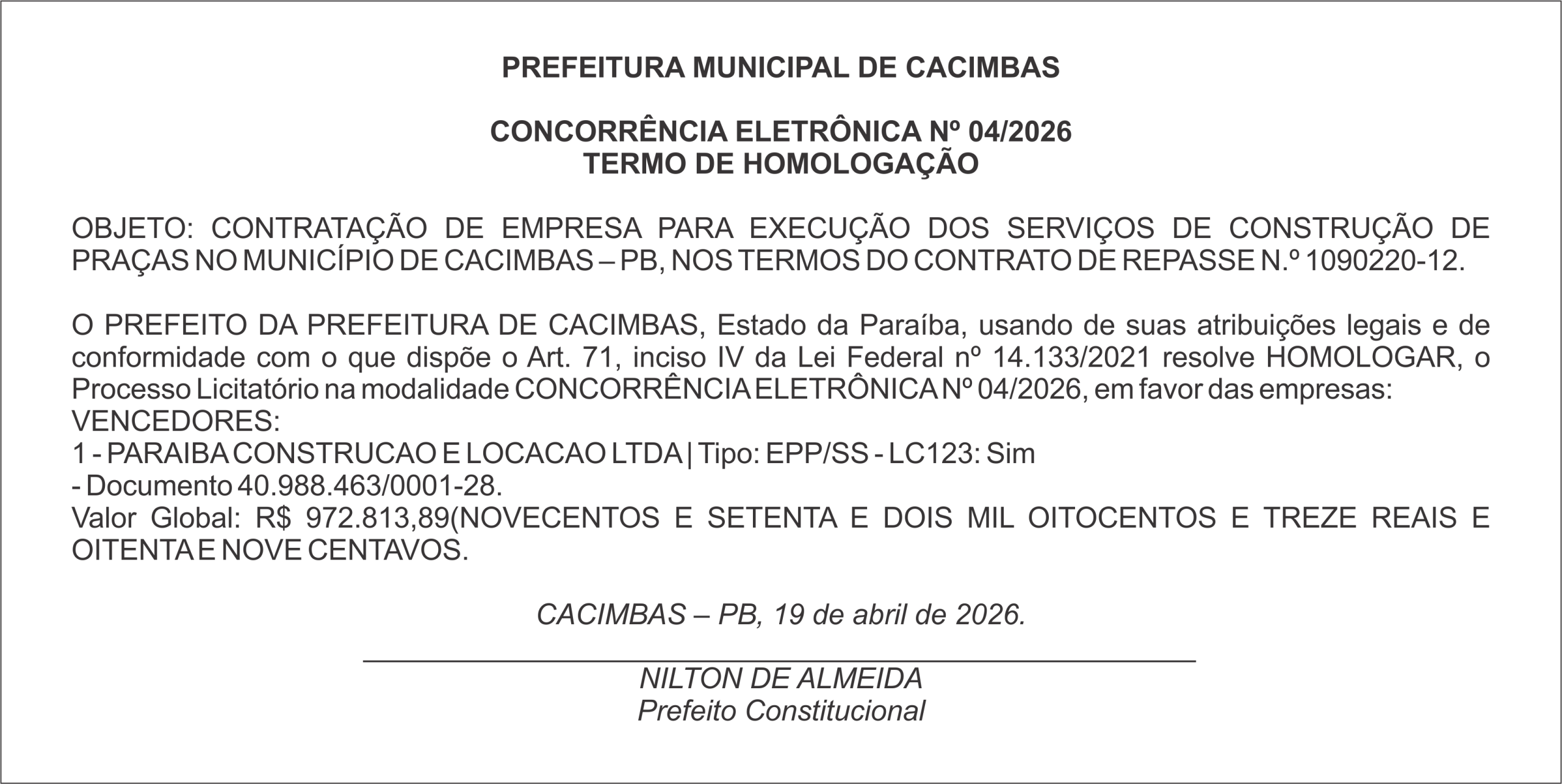 PREFEITURA DE CACIMBAS – CONCORRÊNCIA ELETRÔNICA Nº 04/2026