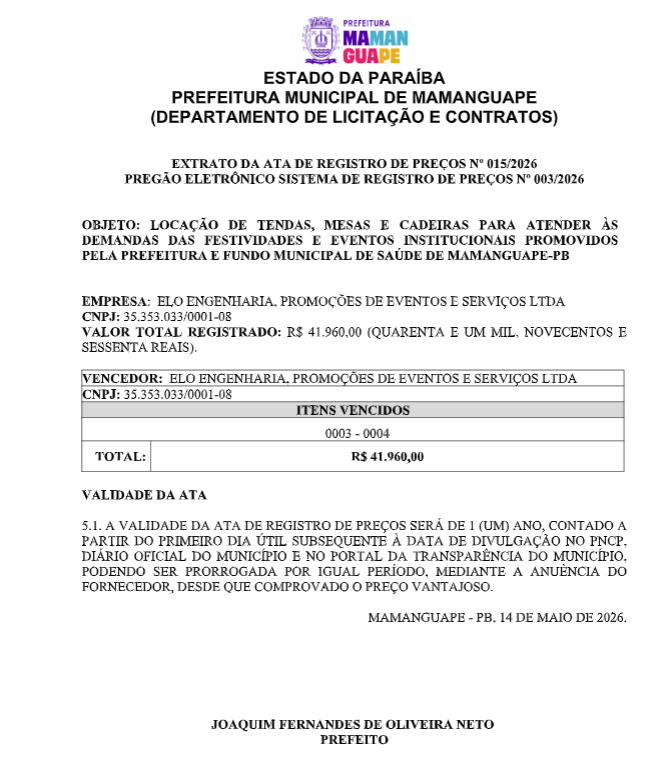 PREFEITURA MUNICIPAL DE MAMANGUAPE – EXTRATO DA ATA DE REGISTRO DE PREÇOS Nº 015/2026