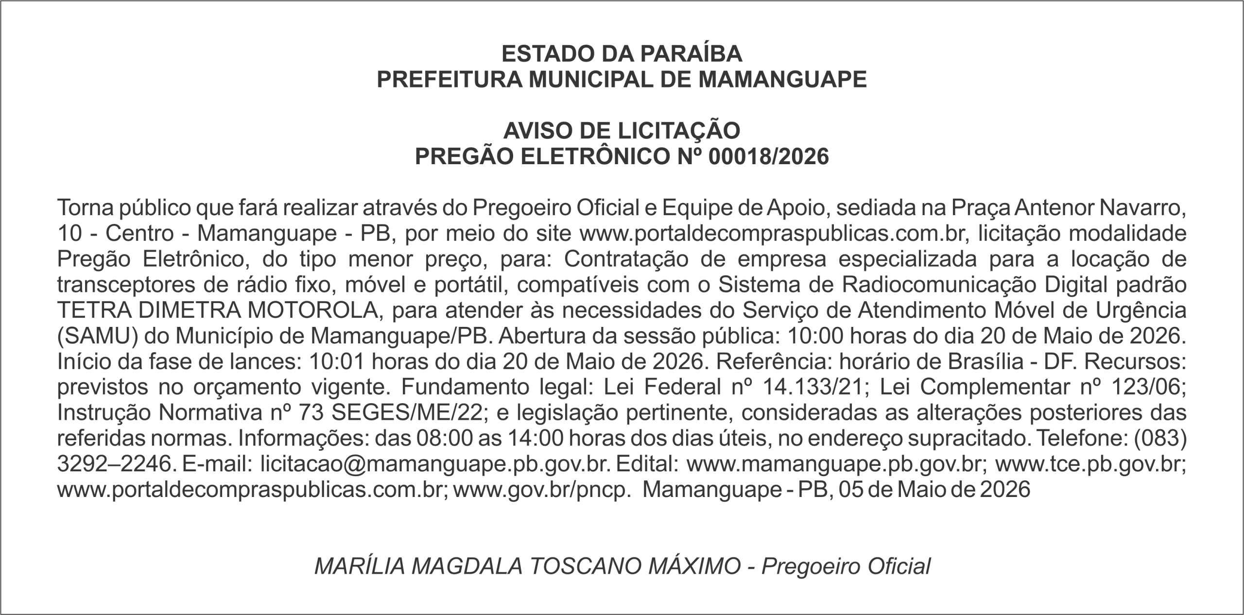 PREFEITURA MUNICIPAL DE MAMANGUAPE – AVISO DE LICITAÇÃO PREGÃO ELETRÔNICO Nº 00018/2026