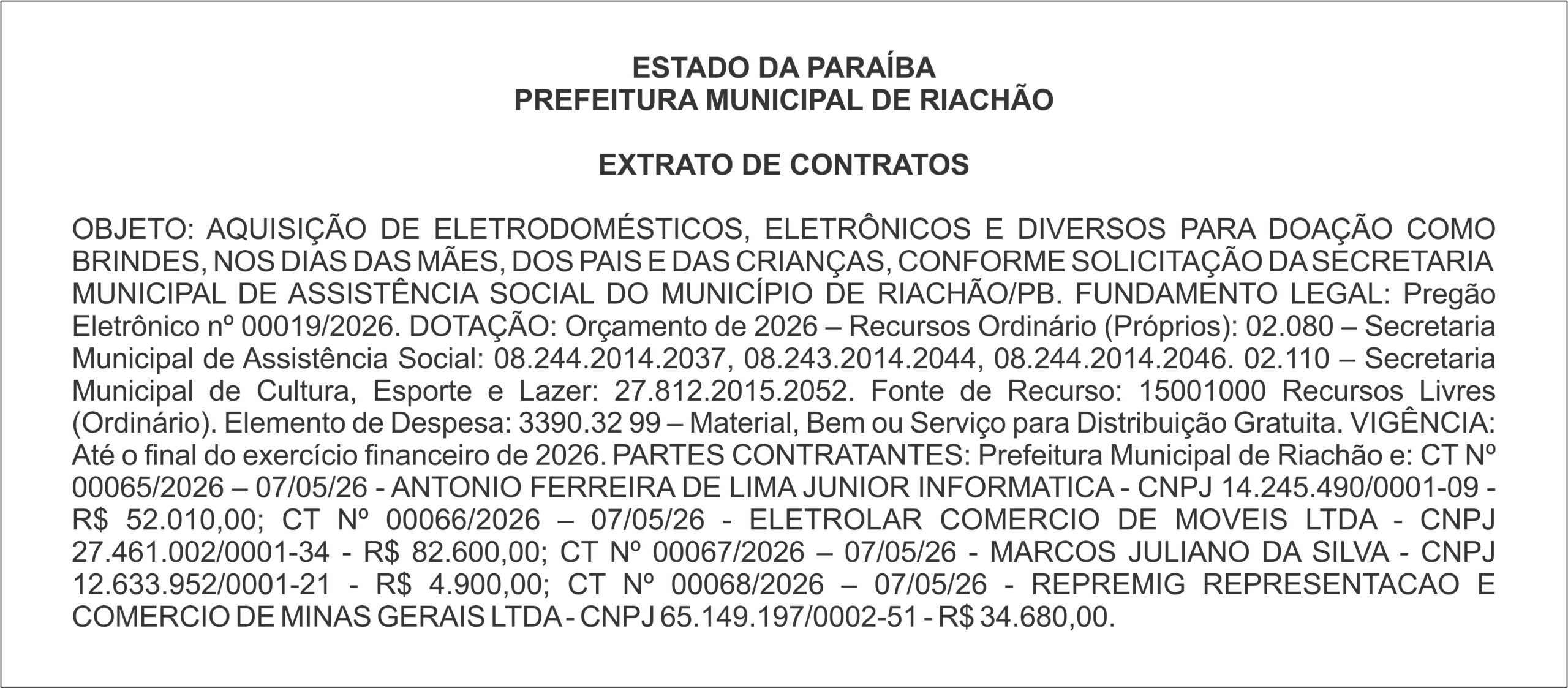 PREFEITURA MUNICIPAL DE RIACHÃO – EXTRATO DE CONTRATOS