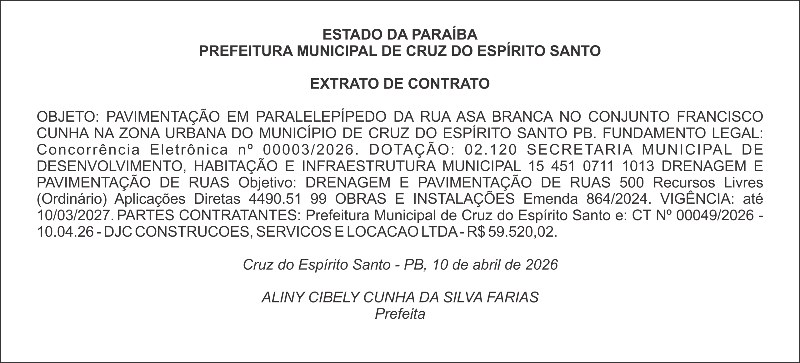 PREFEITURA MUNICIPAL DE CRUZ DO ESPÍRITO SANTO – EXTRATO DE CONTRATO