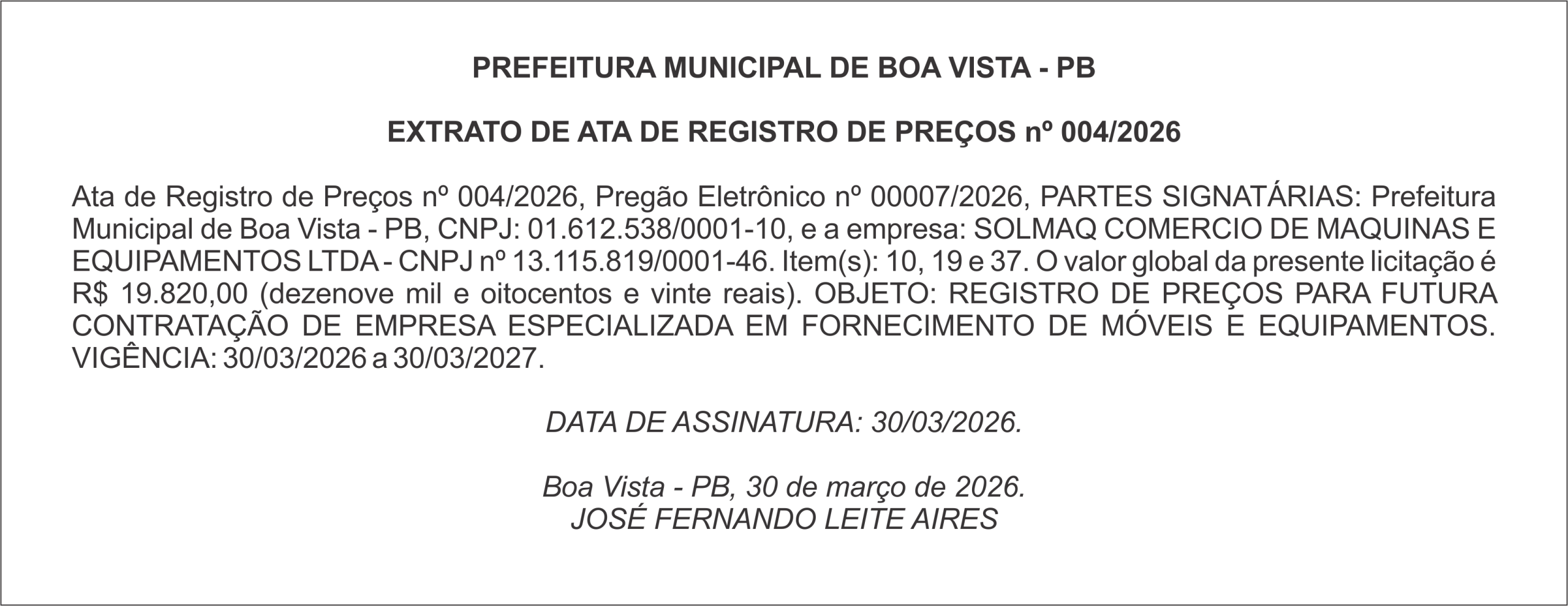 PREFEITURA MUNICIPAL DE BOA VISTA – PB – EXTRATO DE ATA DE REGISTRO DE PREÇOS nº 004/2026