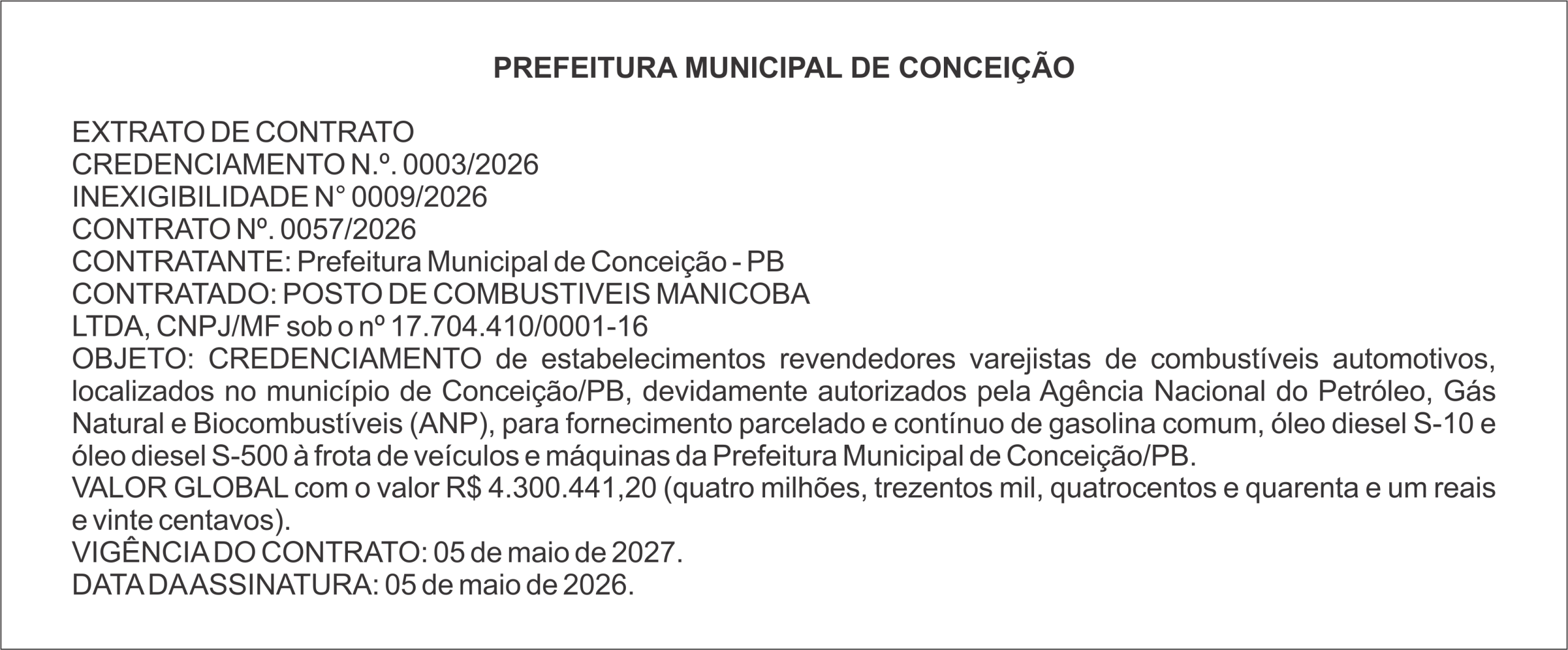 PREFEITURA MUNICIPAL DE CONCEIÇÃO – EXTRATO DE CONTRATO