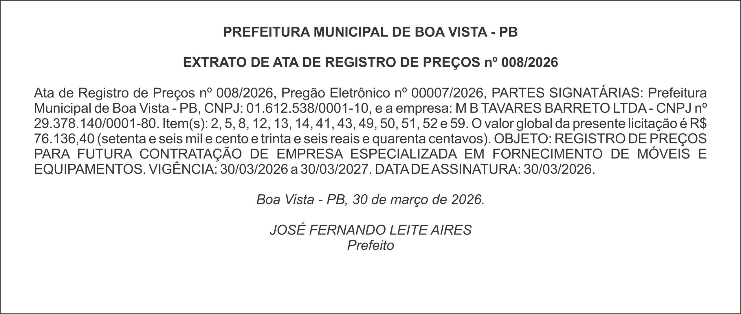 PREFEITURA MUNICIPAL DE BOA VISTA – PB – EXTRATO DE ATA DE REGISTRO DE PREÇOS nº 008/2026