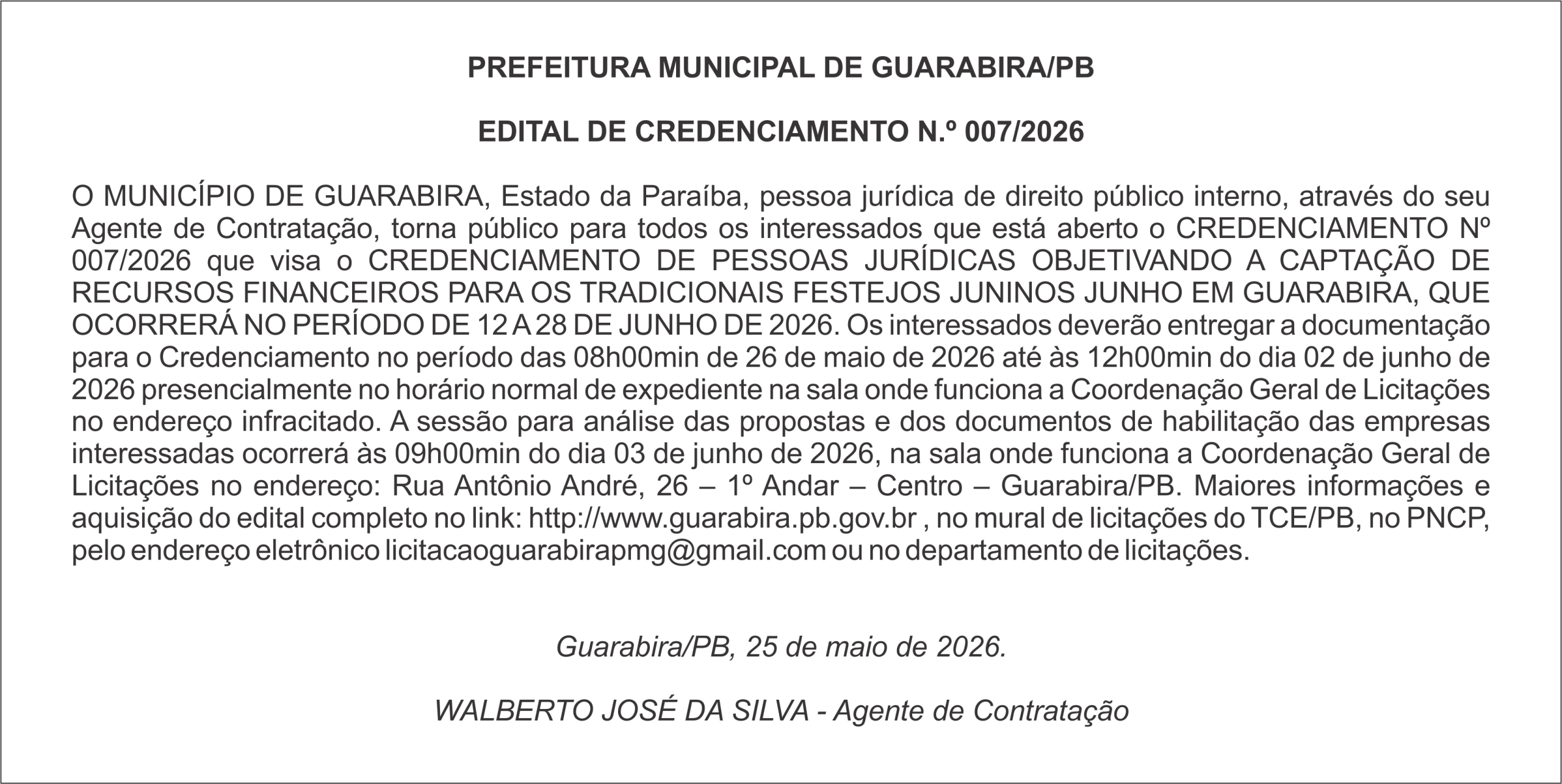 PREFEITURA MUNICIPAL DE GUARABIRA/PB – EDITAL DE CREDENCIAMENTO N.º 007/2026