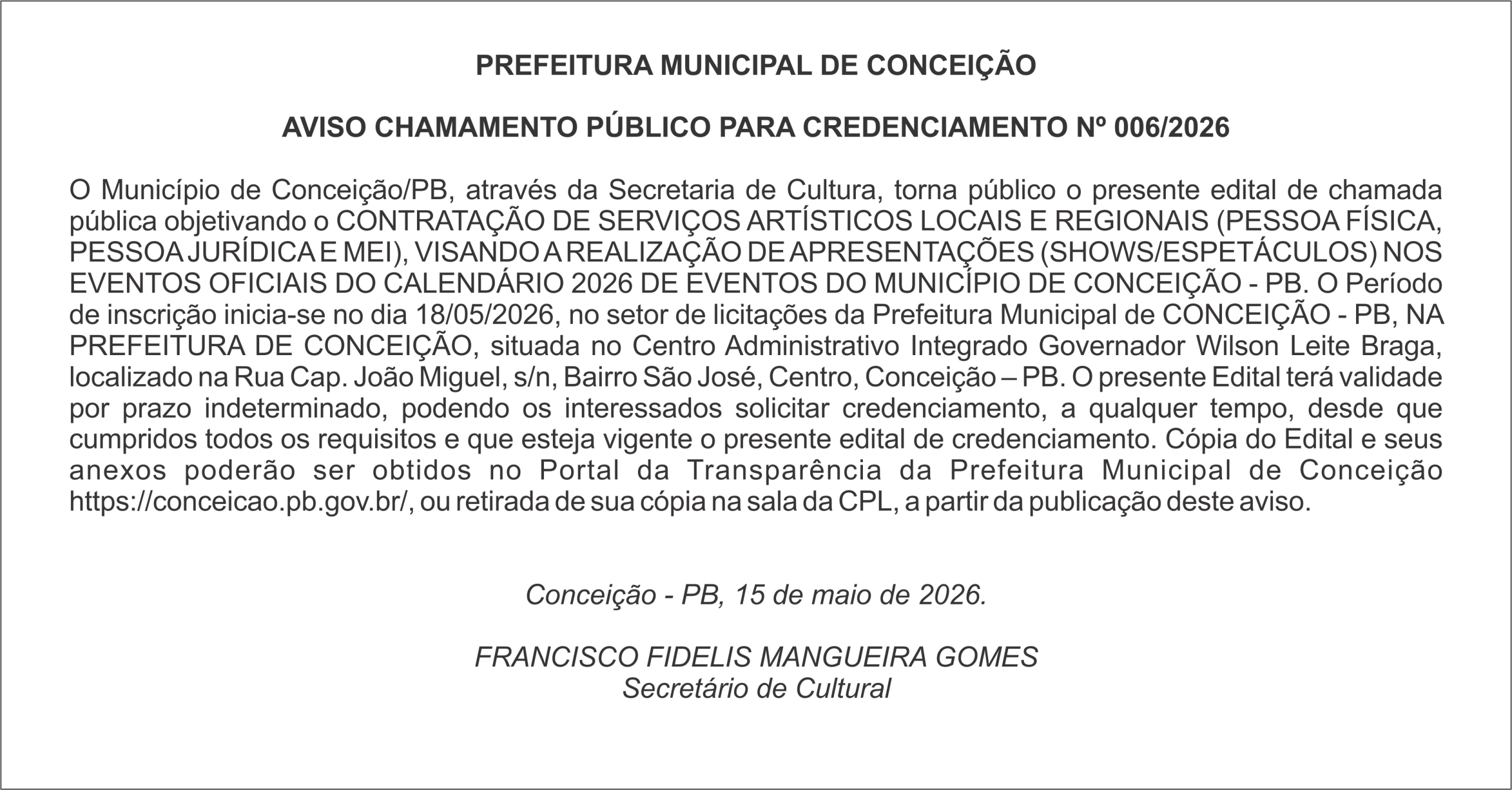 PREFEITURA DE CONCEIÇÃO – AVISO CHAMAMENTO PÚBLICO PARA CREDENCIAMENTO Nº 006/2026