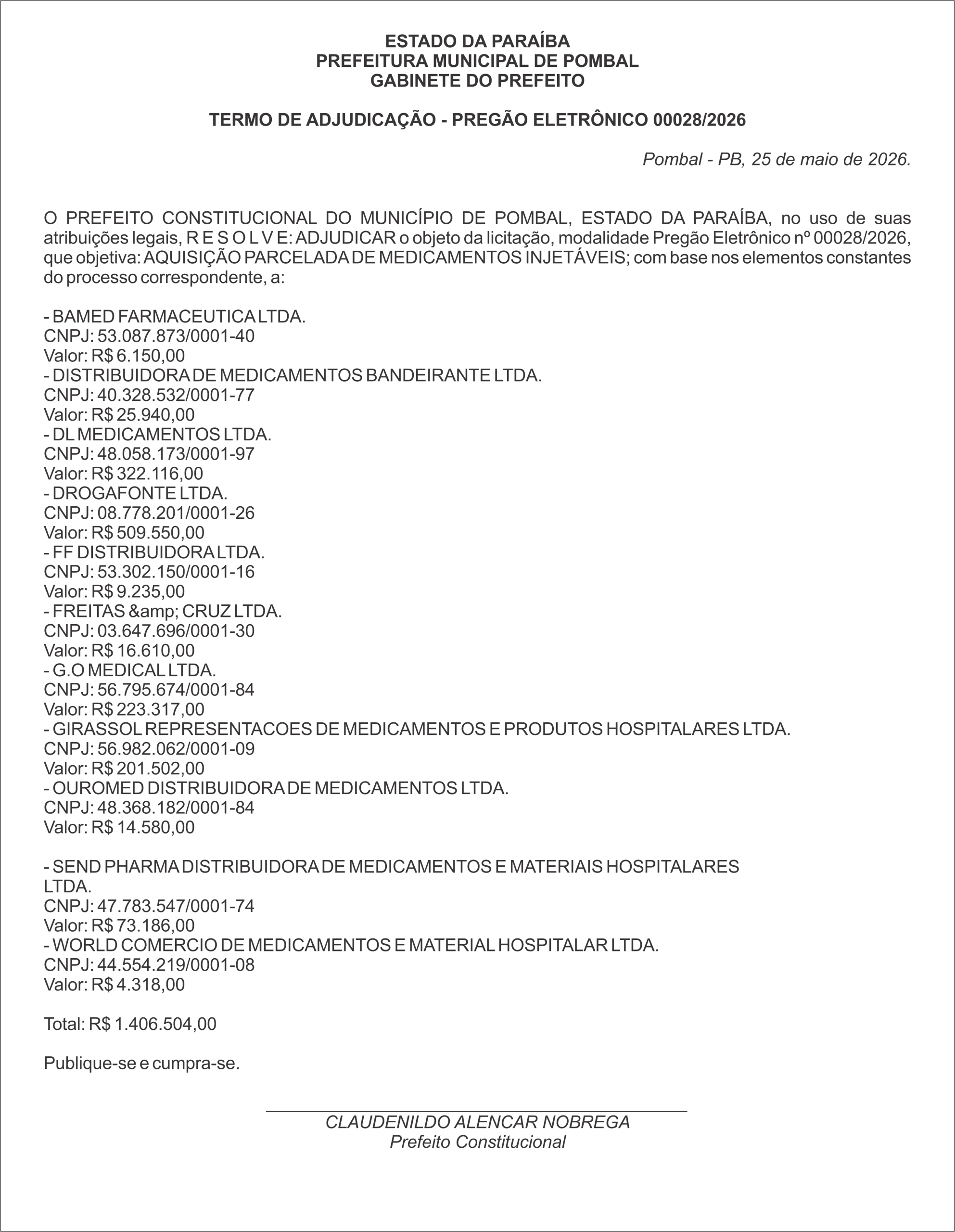 PREFEITURA MUNICIPAL DE POMBAL – TERMO DE ADJUDICAÇÃO – PREGÃO ELETRÔNICO 00028/2026