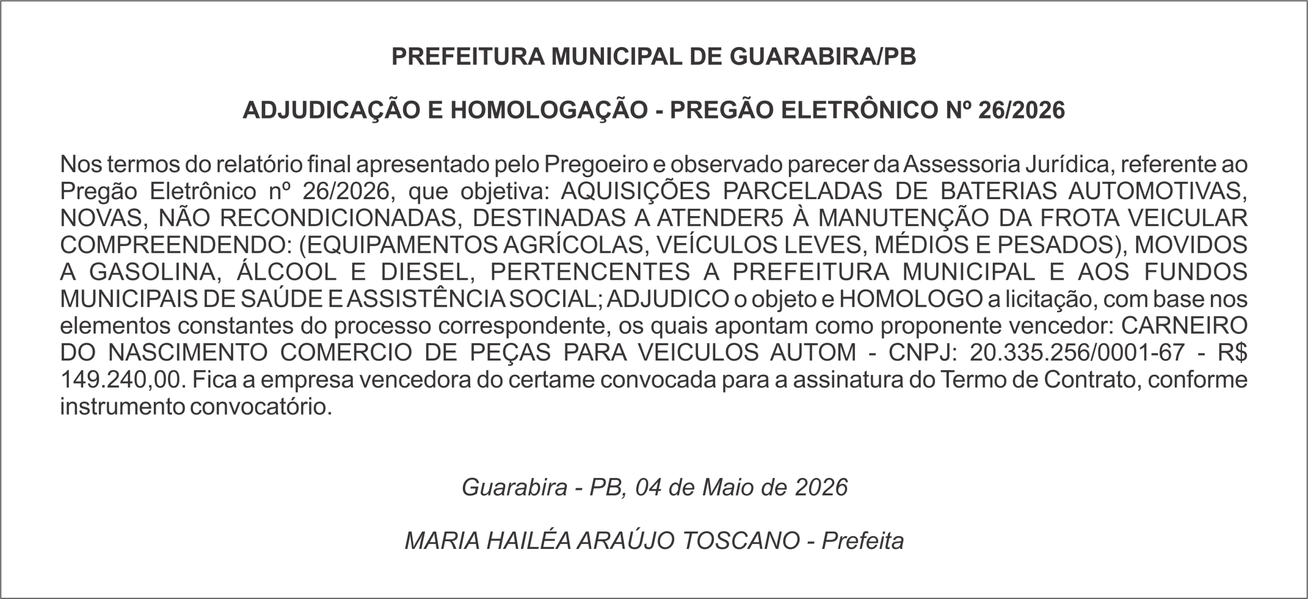 PREFEITURA MUNICIPAL DE GUARABIRA/PB  ADJUDICAÇÃO E HOMOLOGAÇÃO – PREGÃO ELETRÔNICO Nº 26/2026