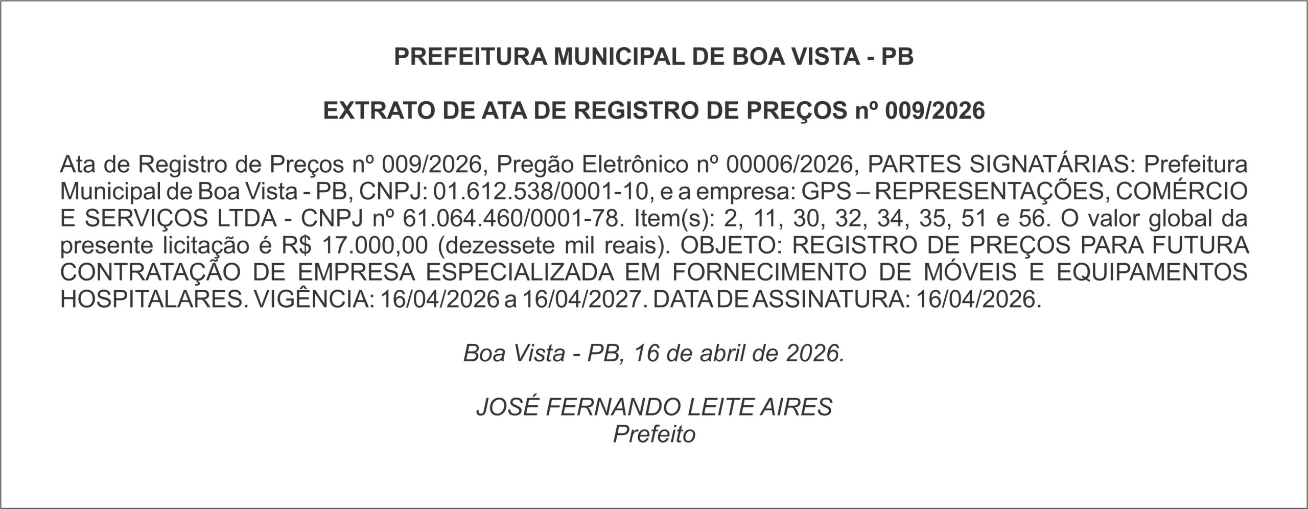 PREFEITURA MUNICIPAL DE BOA VISTA – PB – EXTRATO DE ATA DE REGISTRO DE PREÇOS nº 009/2026
