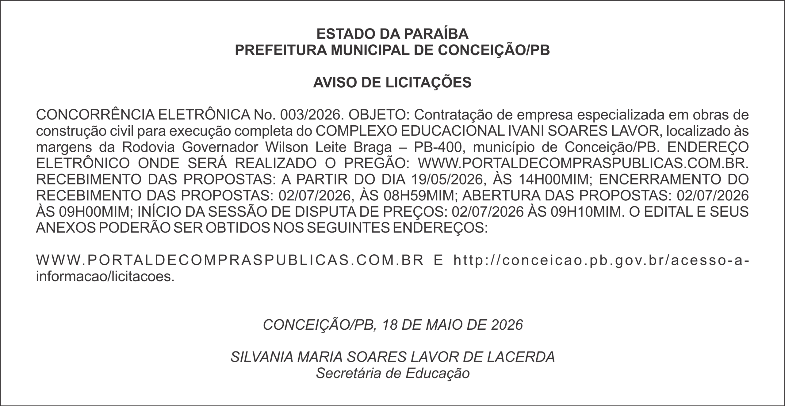 PREFEITURA MUNICIPAL DE CONCEIÇÃO/PB – AVISO DE LICITAÇÕES – CONCORRÊNCIA ELETRÔNICA No. 003/2026.