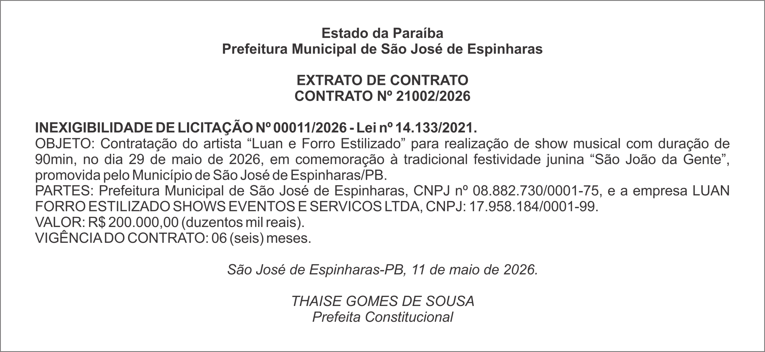 PREFEITURA DE SÃO JOSÉ DE ESPINHARAS – EXTRATO DE CONTRATO