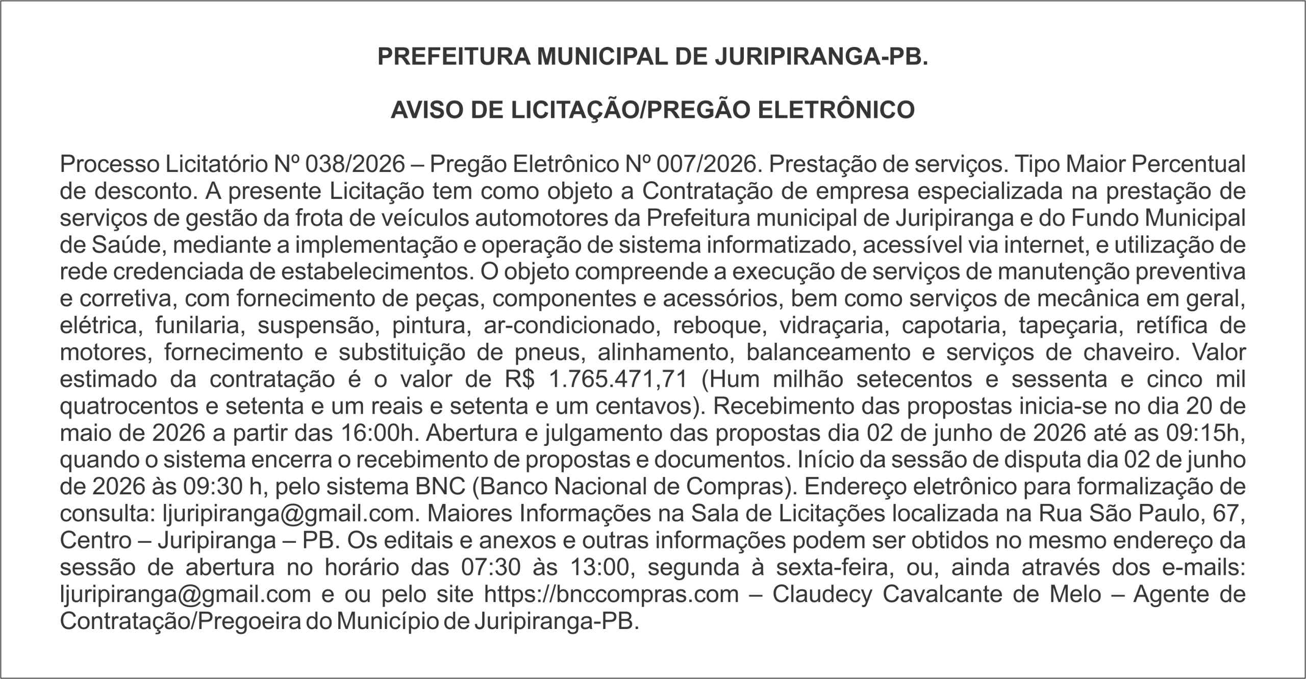 PREFEITURA MUNICIPAL DE JURIPIRANGA-PB- AVISO DE LICITAÇÃO/PREGÃO ELETRÔNICO