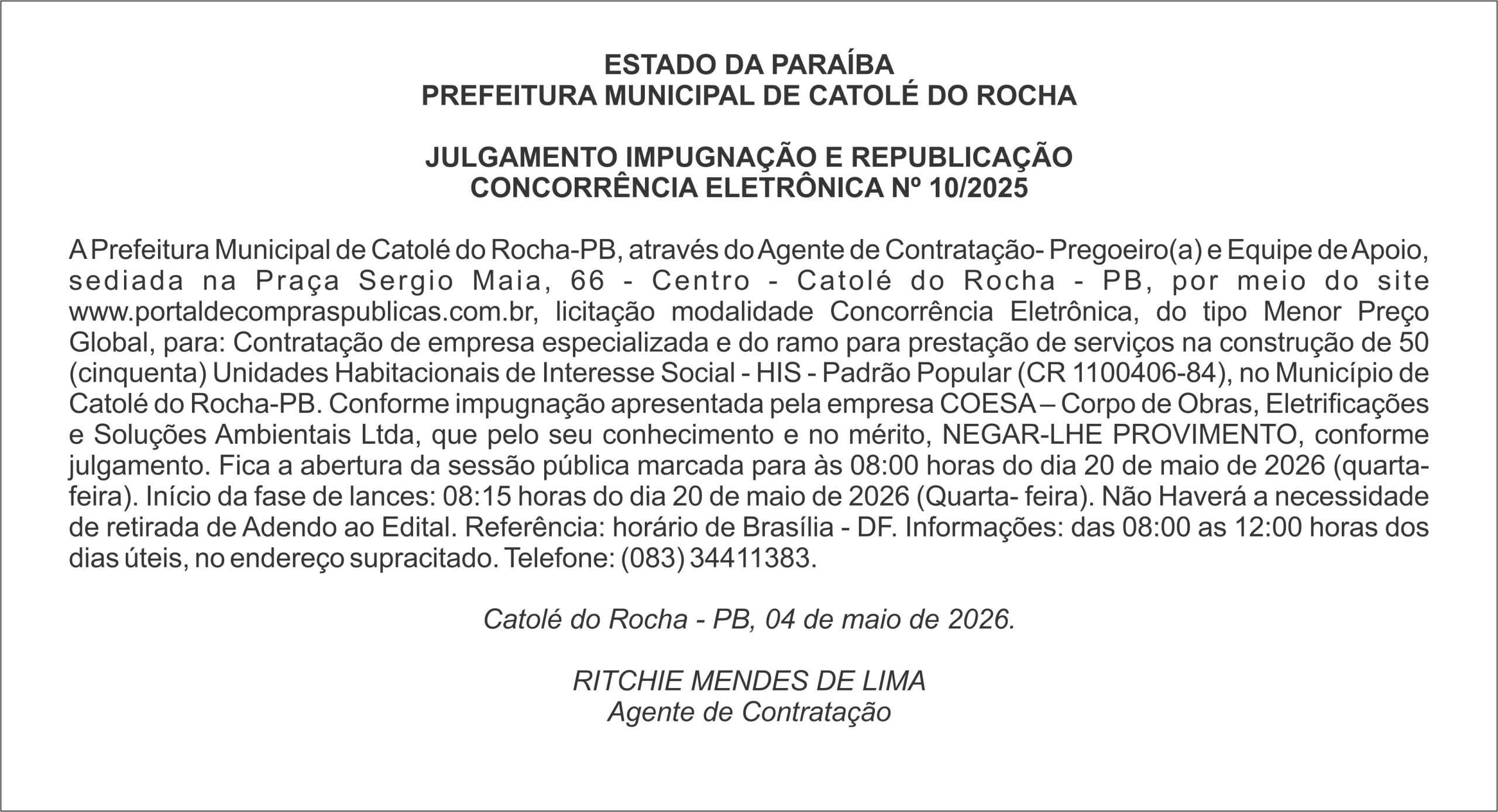 PREFEITURA MUNICIPAL DE CATOLÉ DO ROCHA – JULGAMENTO IMPUGNAÇÃO E REPUBLICAÇÃO CONCORRÊNCIA ELETRÔNICA Nº 10/2025
