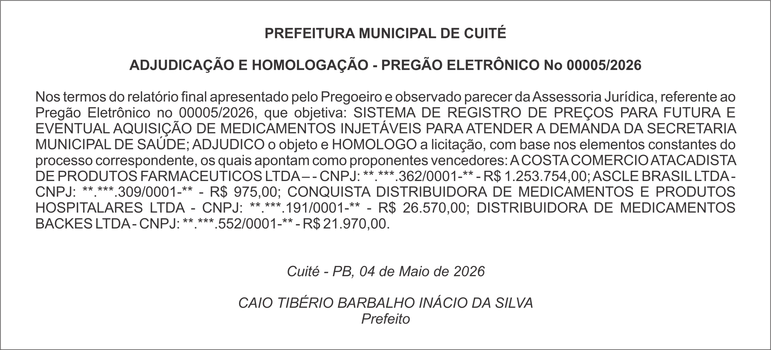 PREFEITURA MUNICIPAL DE CUITÉ – ADJUDICAÇÃO E HOMOLOGAÇÃO – PREGÃO ELETRÔNICO No 00005/2026
