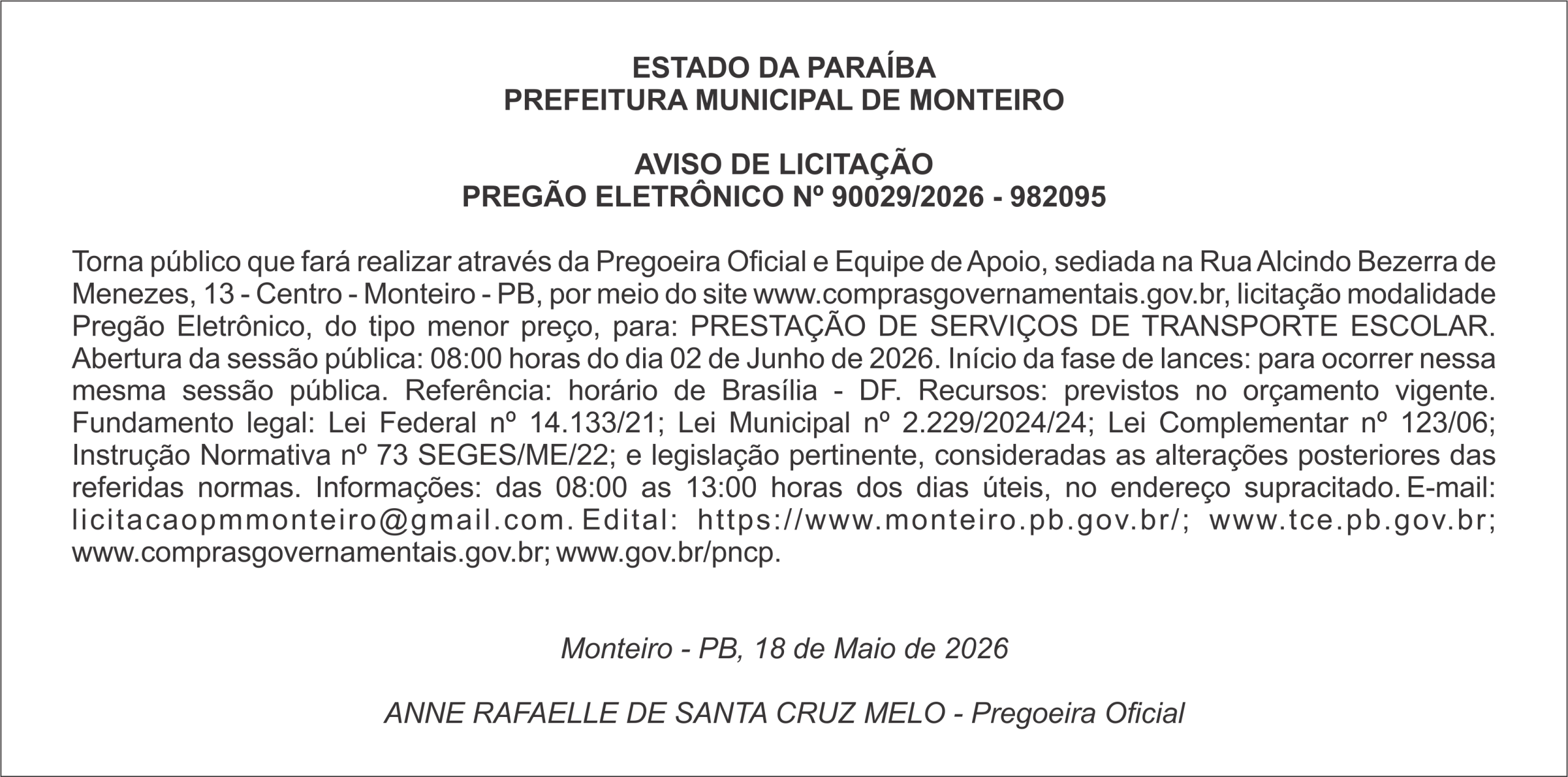 PREFEITURA MUNICIPAL DE MONTEIRO – AVISO DE LICITAÇÃO – PREGÃO ELETRÔNICO Nº 90029/2026 – 982095