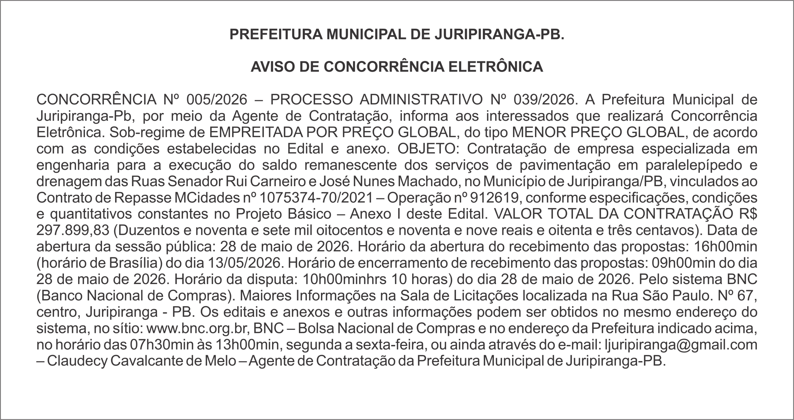 PREFEITURA MUNICIPAL DE JURIPIRANGA-PB – AVISO DE CONCORRÊNCIA ELETRÔNICA