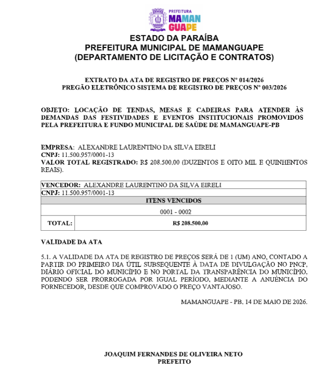 PREFEITURA MUNICIPAL DE MAMANGUAPE – EXTRATO DA ATA DE REGISTRO DE PREÇOS Nº 014/2026