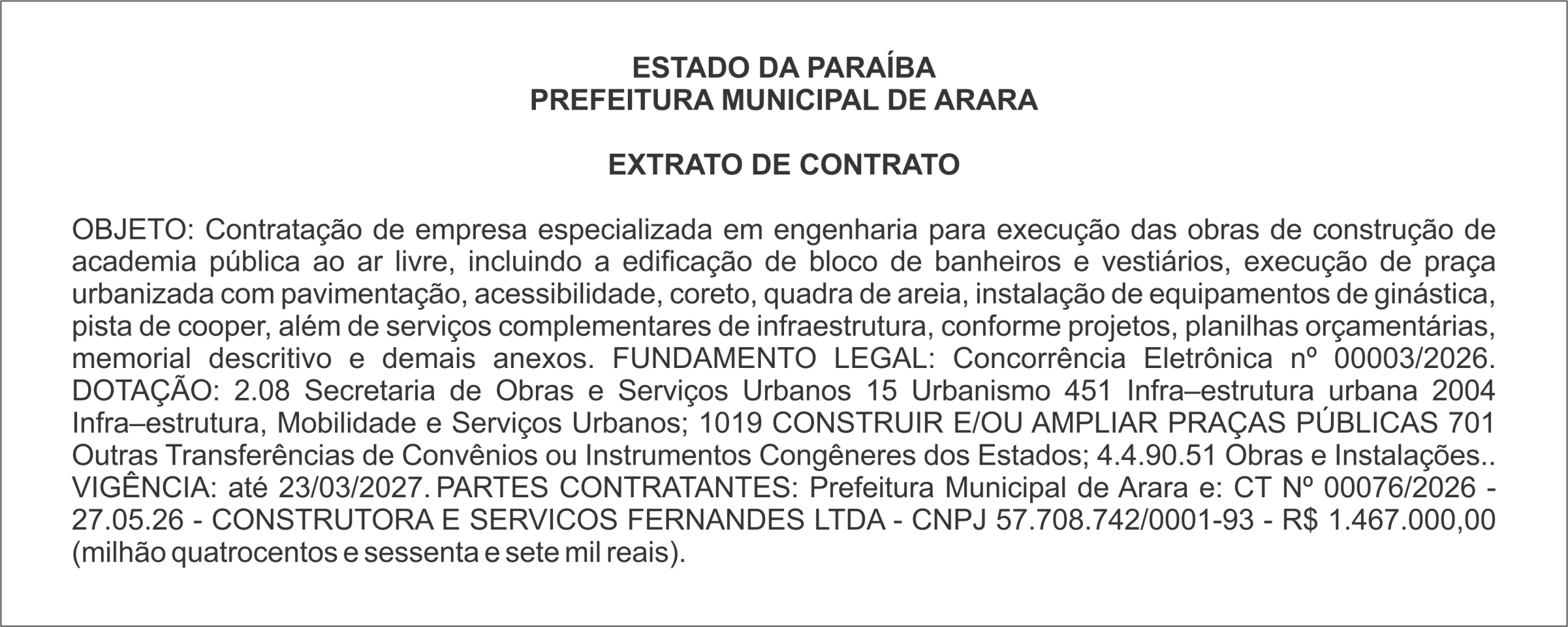 PREFEITURA MUNICIPAL DE ARARA – EXTRATO DE CONTRATO