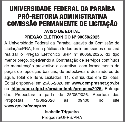 UNIVERSIDADE FEDERAL DA PARAIBA – PREGÃO ELETRÔNICO N° 90058/2025