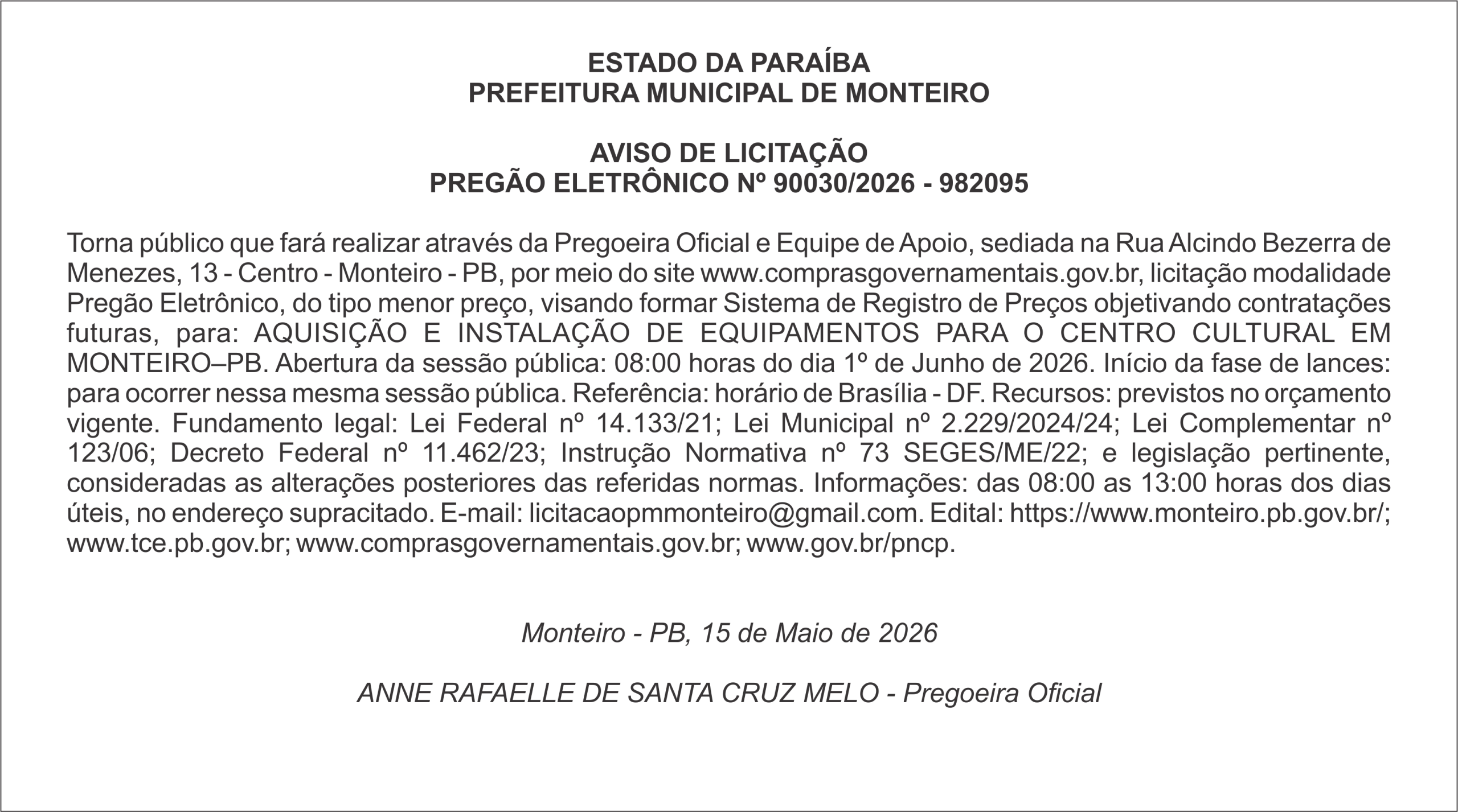 PREFEITURA MUNICIPAL DE MONTEIRO     AVISO DE LICITAÇÃO PREGÃO ELETRÔNICO Nº 90030/2026 – 982095