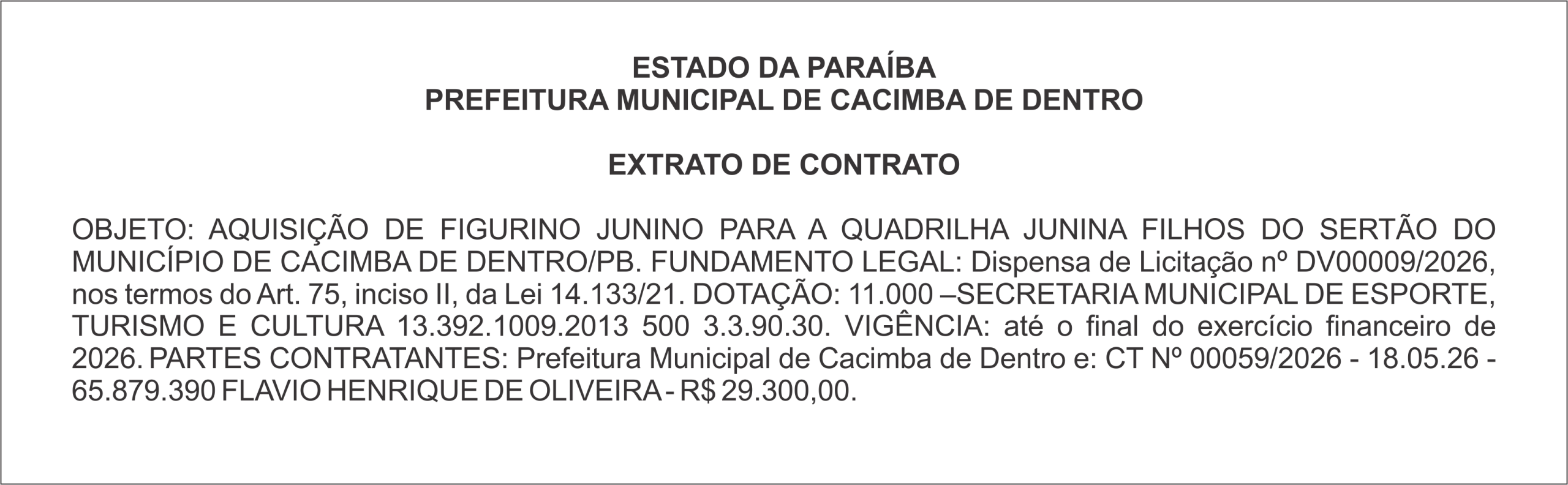 PREFEITURA MUNICIPAL DE CACIMBA DE DENTRO – EXTRATO DE CONTRATO