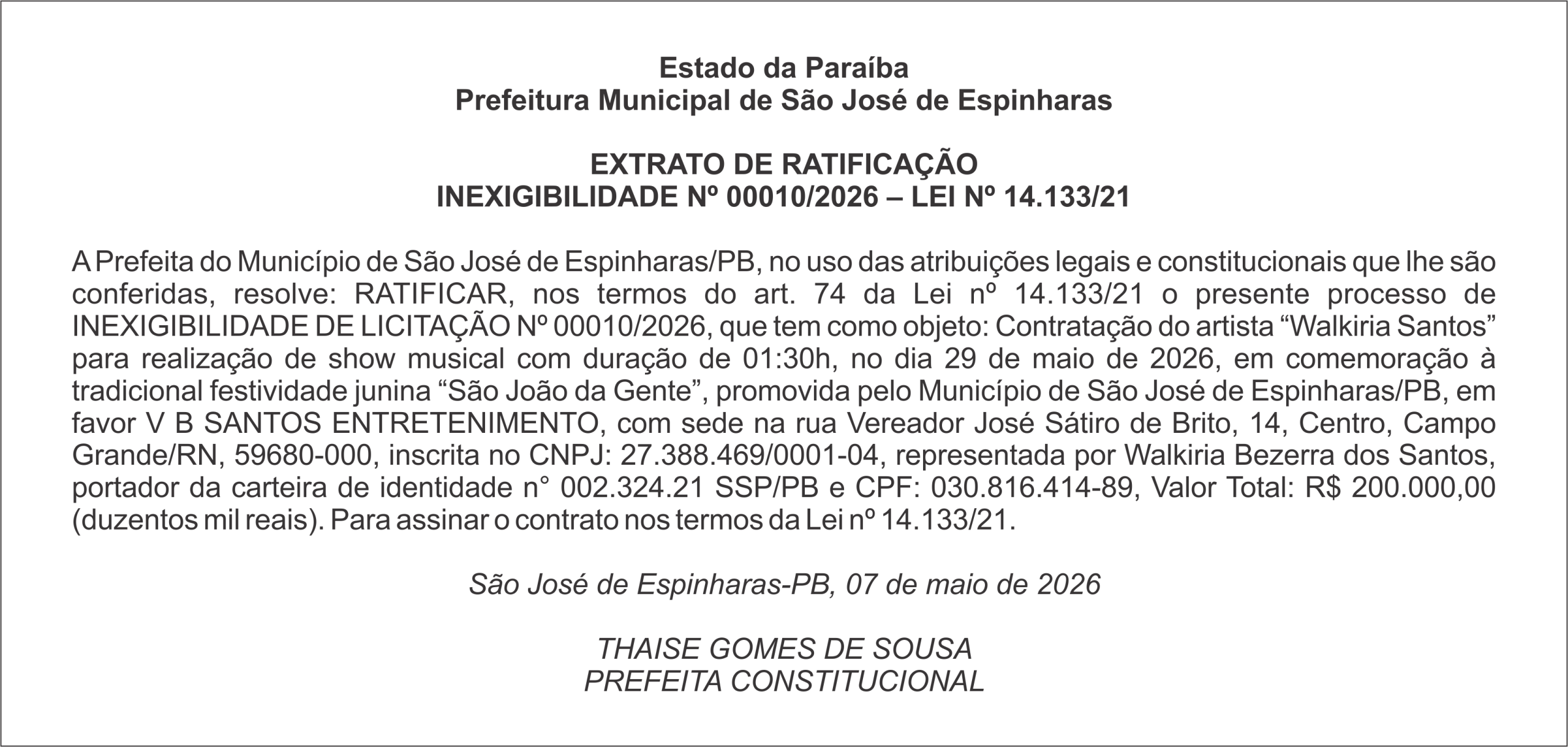 PREFEITURA DE SÃO JOSÉ DE ESPINHARAS – EXTRATO DE RATIFICAÇÃO