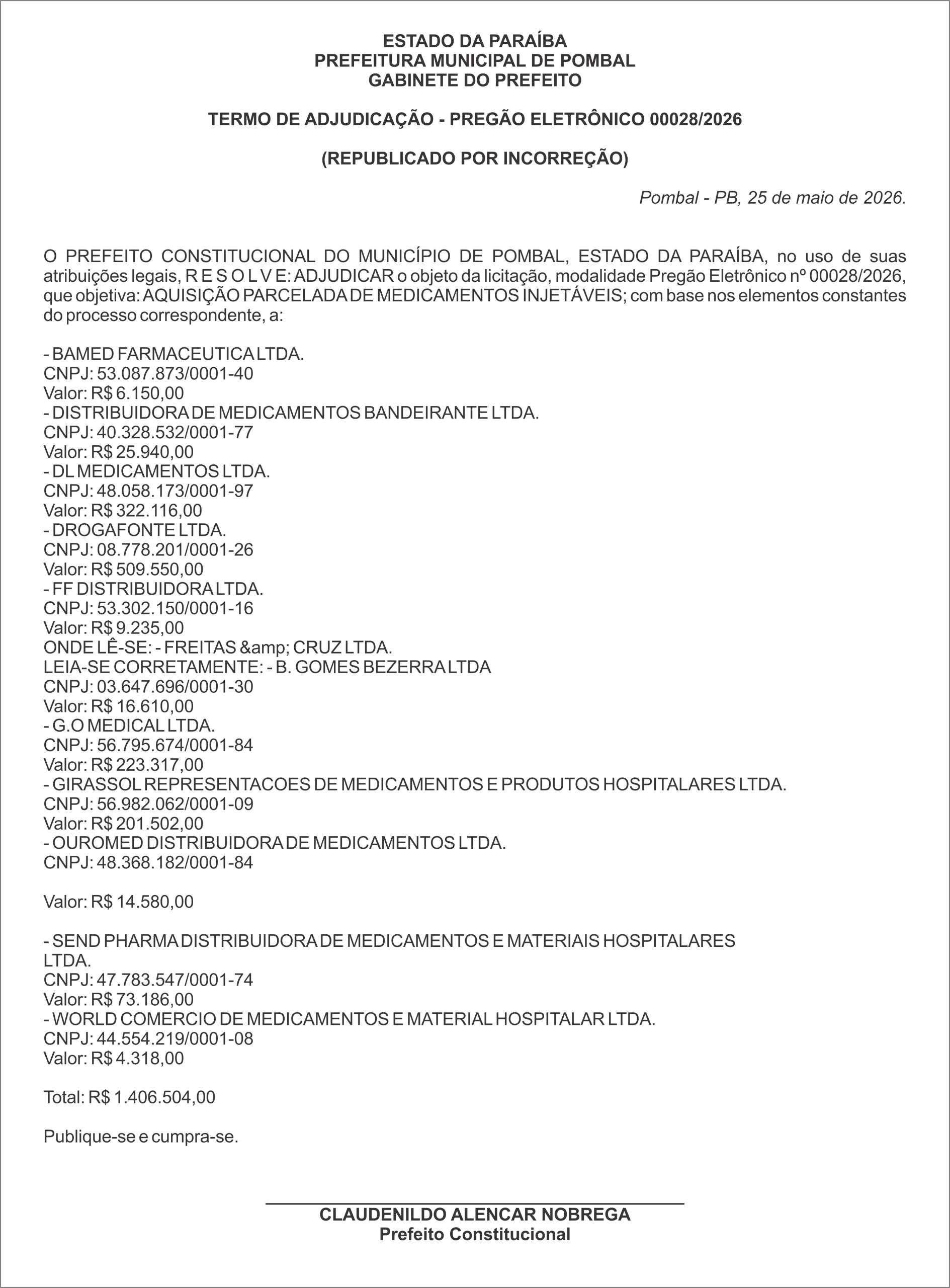 PREFEITURA MUNICIPAL DE POMBAL – TERMO DE ADJUDICAÇÃO – PREGÃO ELETRÔNICO 00028/2026  (REPUBLICADO POR INCORREÇÃO)