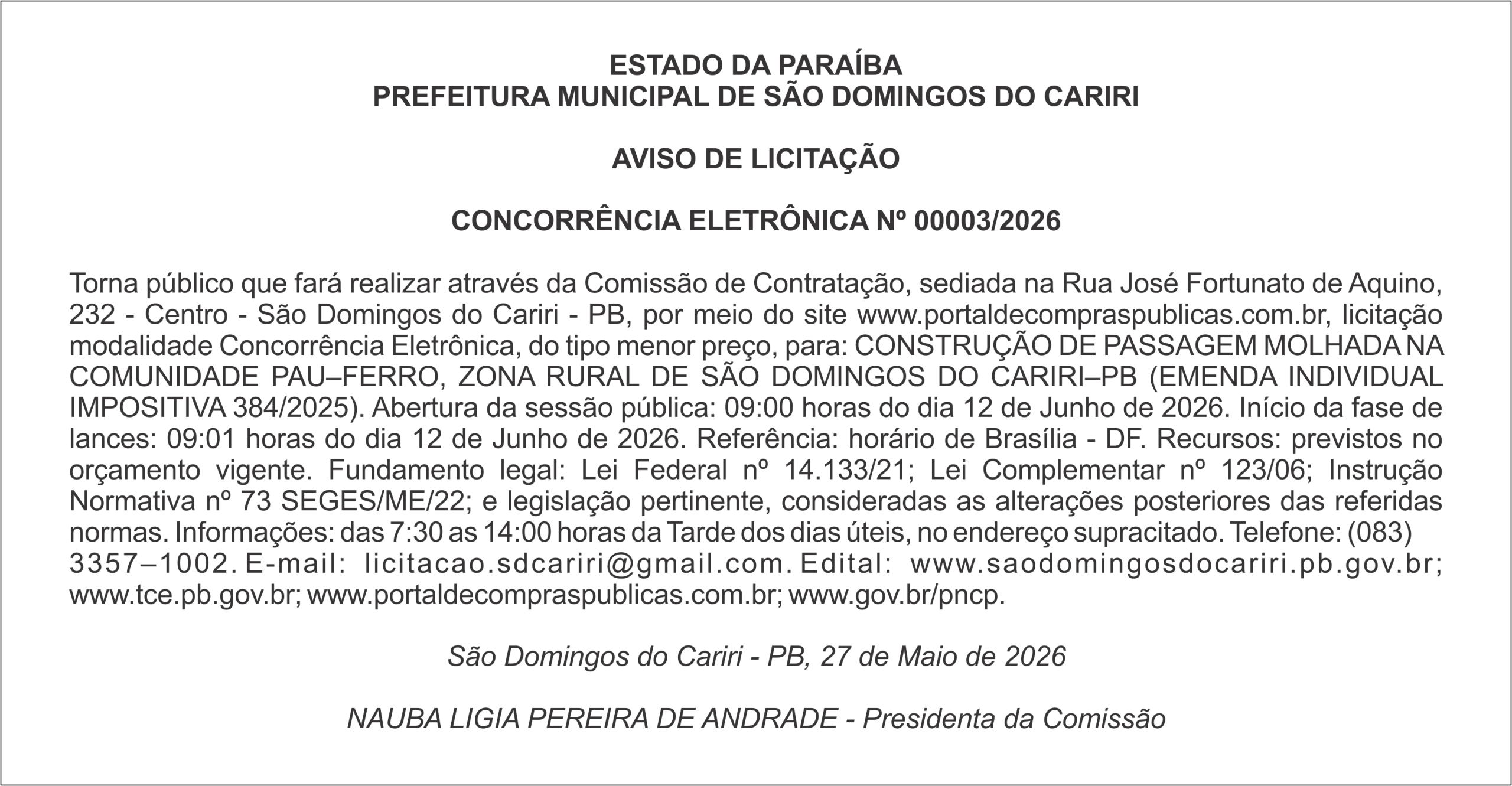 PREFEITURA MUNICIPAL DE SÃO DOMINGOS DO CARIRI – AVISO DE LICITAÇÃO – CONCORRÊNCIA ELETRÔNICA Nº 00003/2026