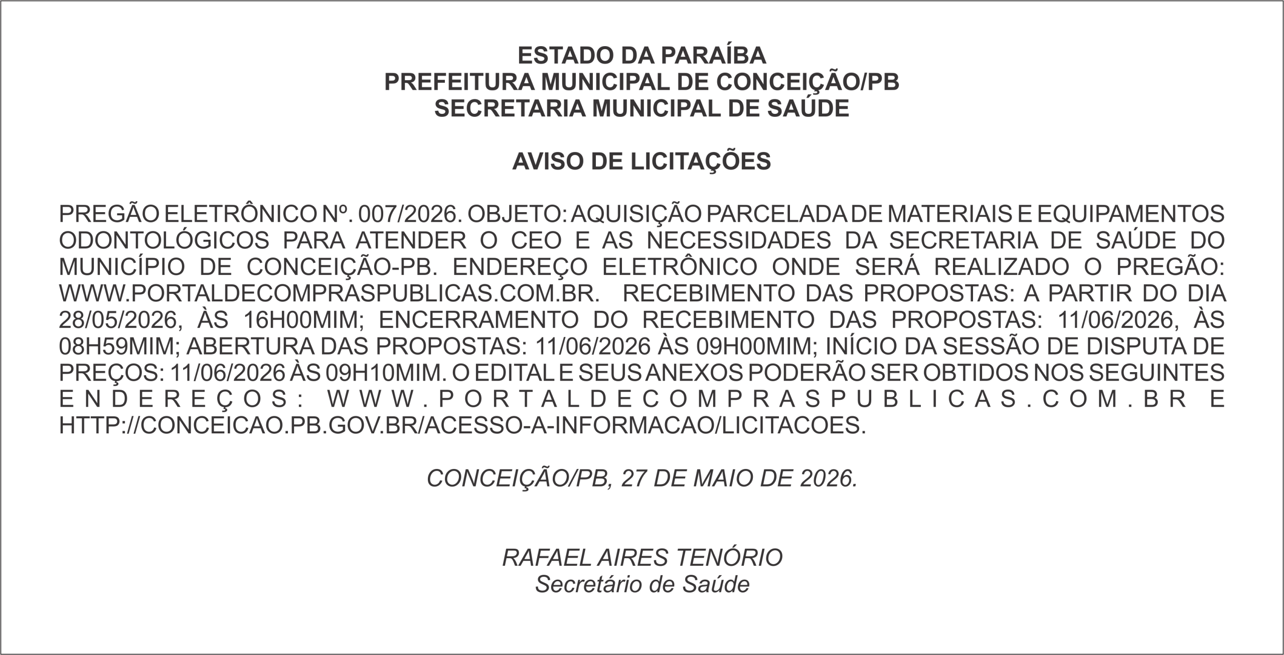 PREFEITURA MUNICIPAL DE CONCEIÇÃO/PB – AVISO DE LICITAÇÕES – PREGÃO ELETRÔNICO Nº. 007/2026