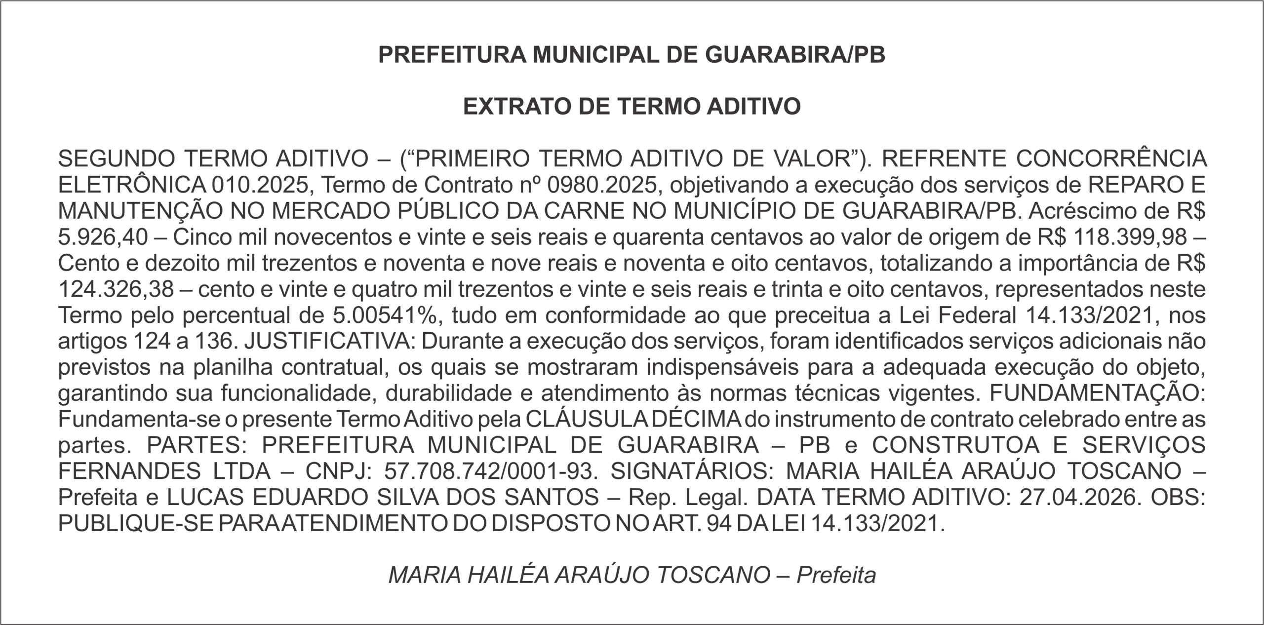 PREFEITURA MUNICIPAL DE GUARABIRA/PB EXTRATO DE TERMO ADITIVO