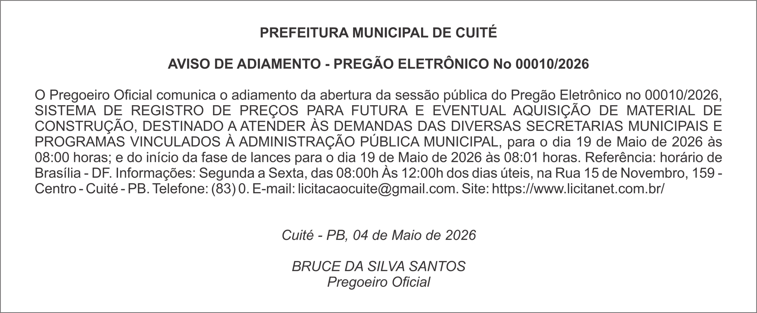 PREFEITURA MUNICIPAL DE CUITÉ – AVISO DE ADIAMENTO – PREGÃO ELETRÔNICO No 00010/2026