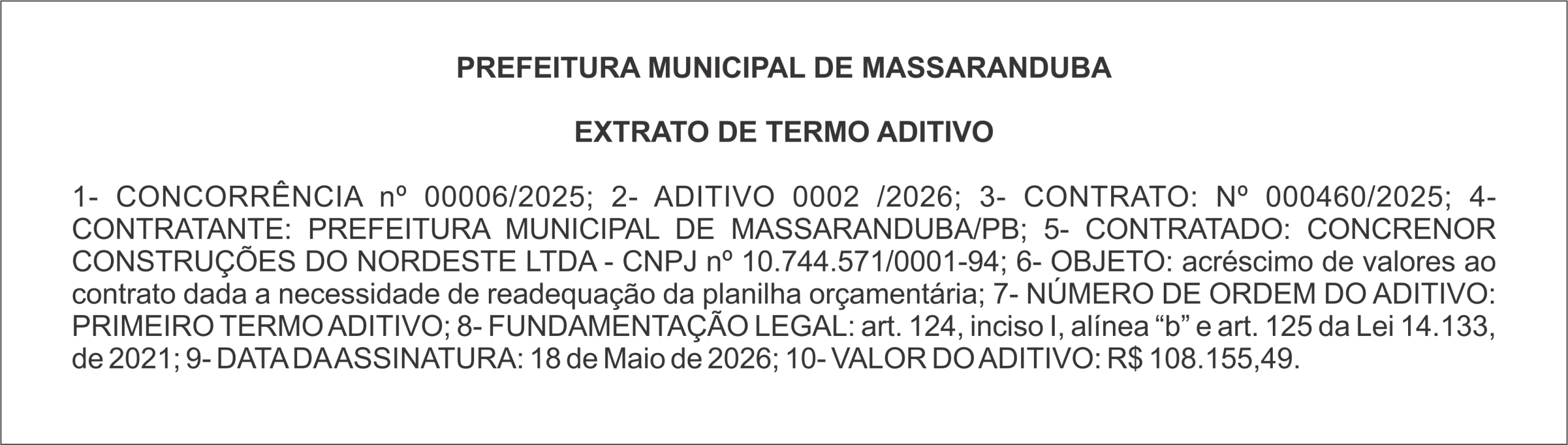 PREFEITURA DE MASSARANDUBA  – EXTRATO DE TERMO ADITIVO