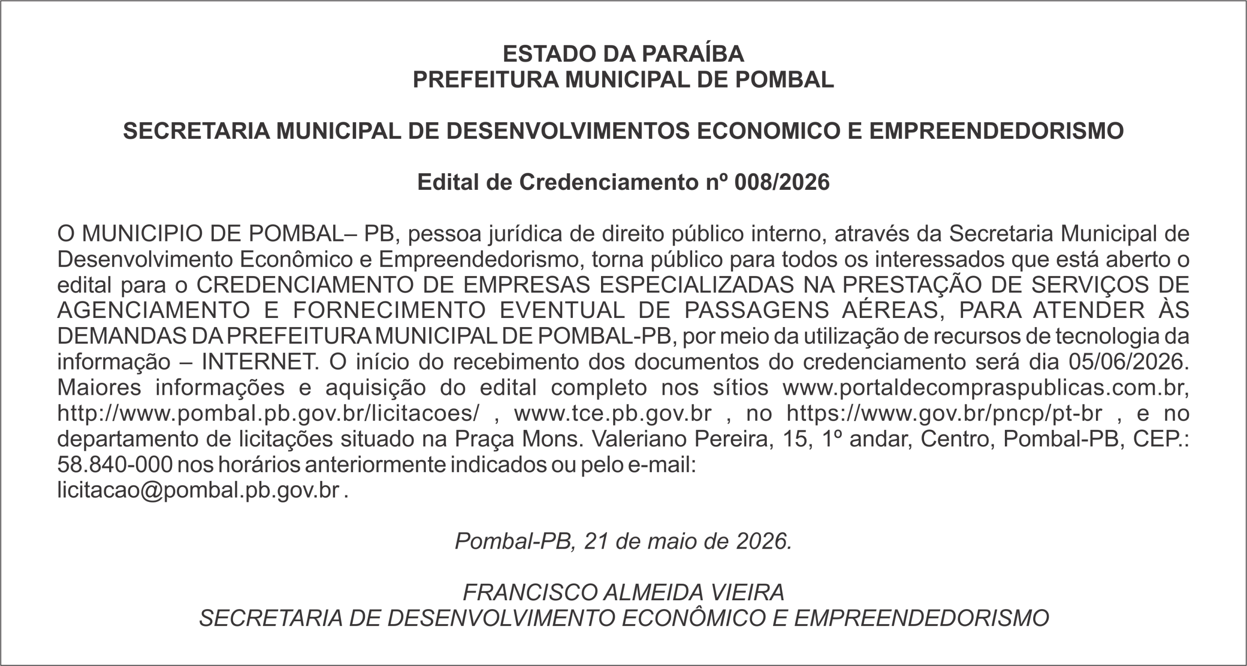 PREFEITURA MUNICIPAL DE POMBAL – Edital de Credenciamento nº 008/2026