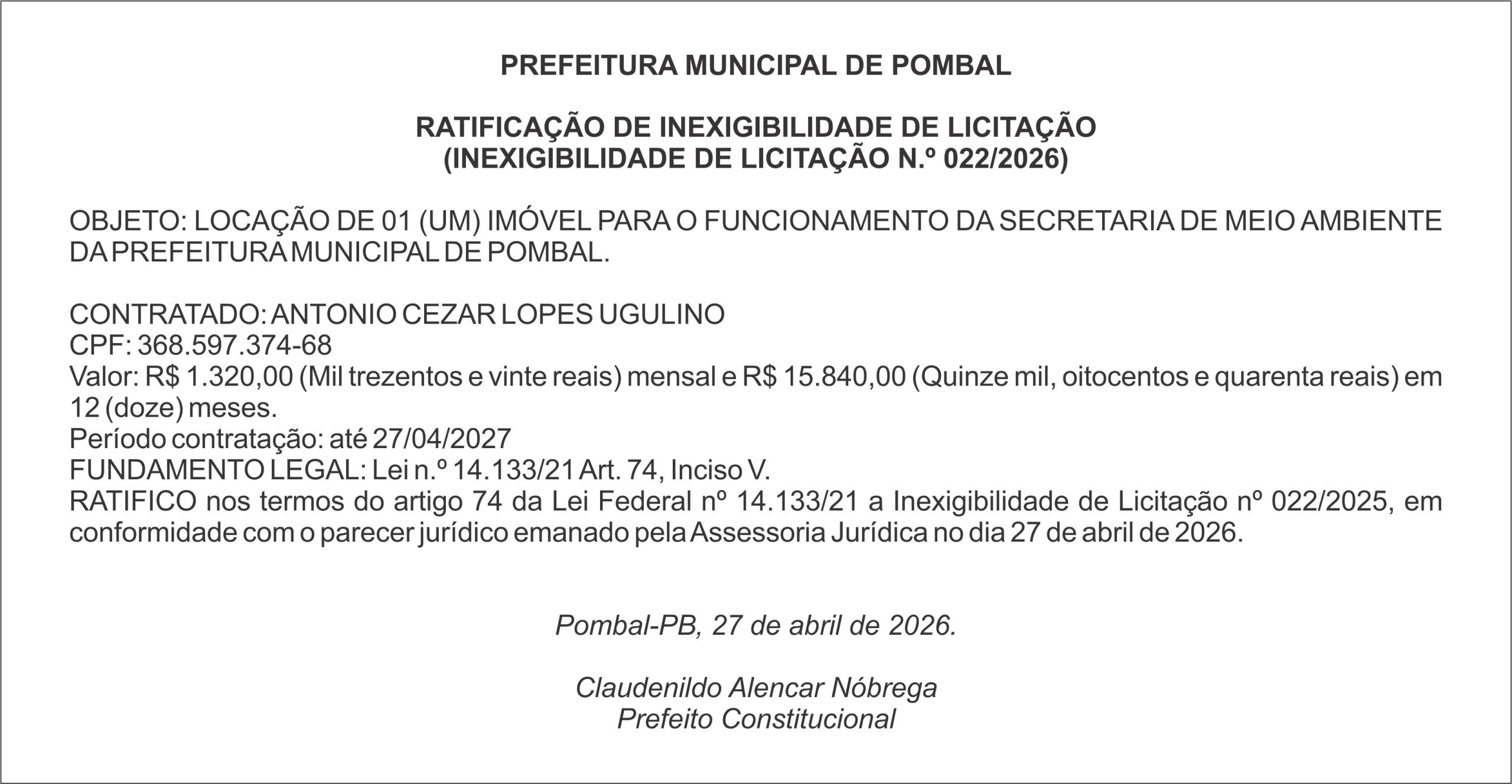 PREFEITURA DE POMBAL – RATIFICAÇÃO DE INEXIGIBILIDADE DE LICITAÇÃO (INEXIGIBILIDADE DE LICITAÇÃO N.º 022/2026)