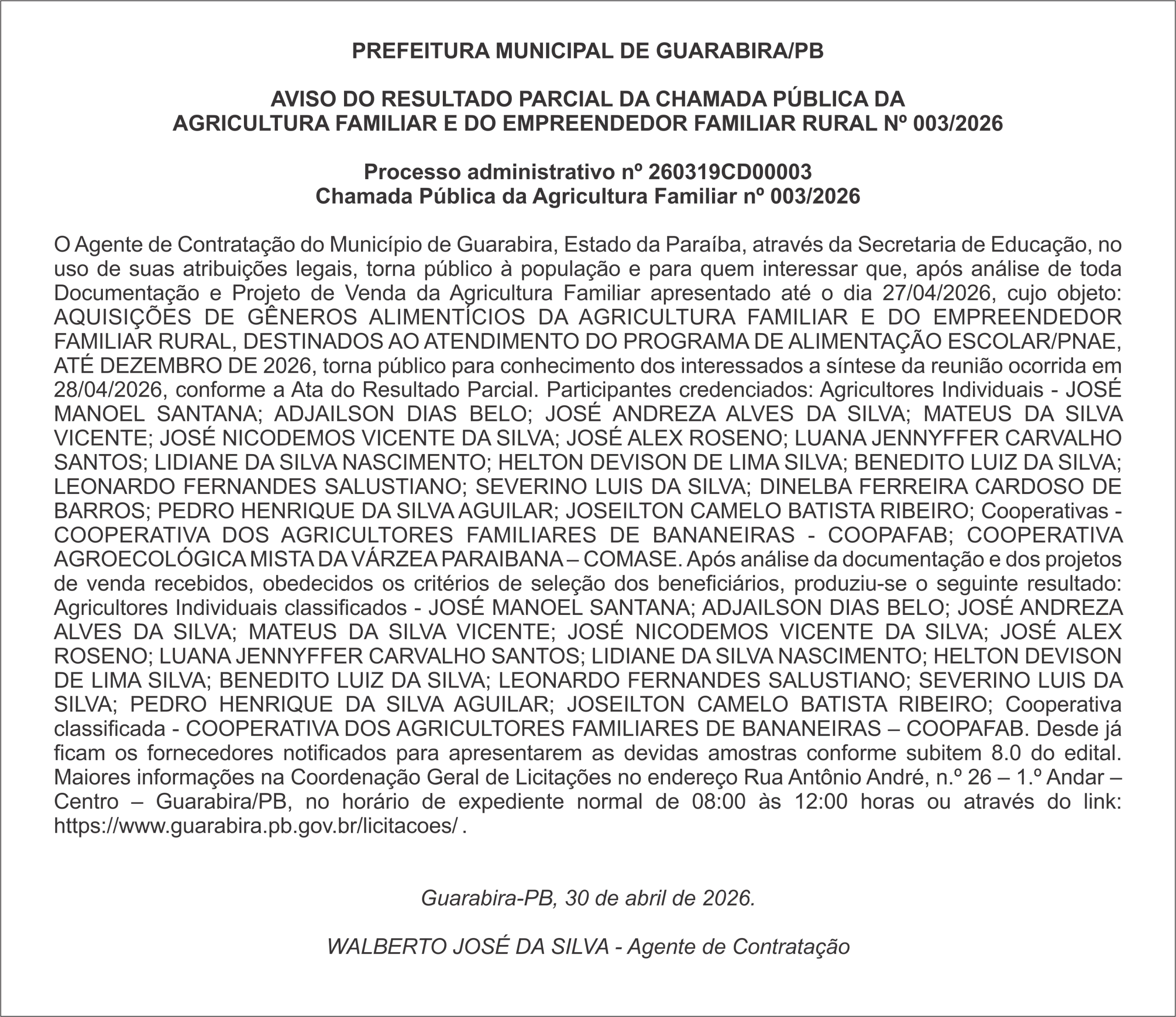 PREFEITURA MUNICIPAL DE GUARABIRA – AVISO DO RESULTADO PARCIAL DA CHAMADA PÚBLICA DA AGRICULTURA FAMILIAR E DO EMPREENDEDOR FAMILIAR RURAL Nº  003/2026