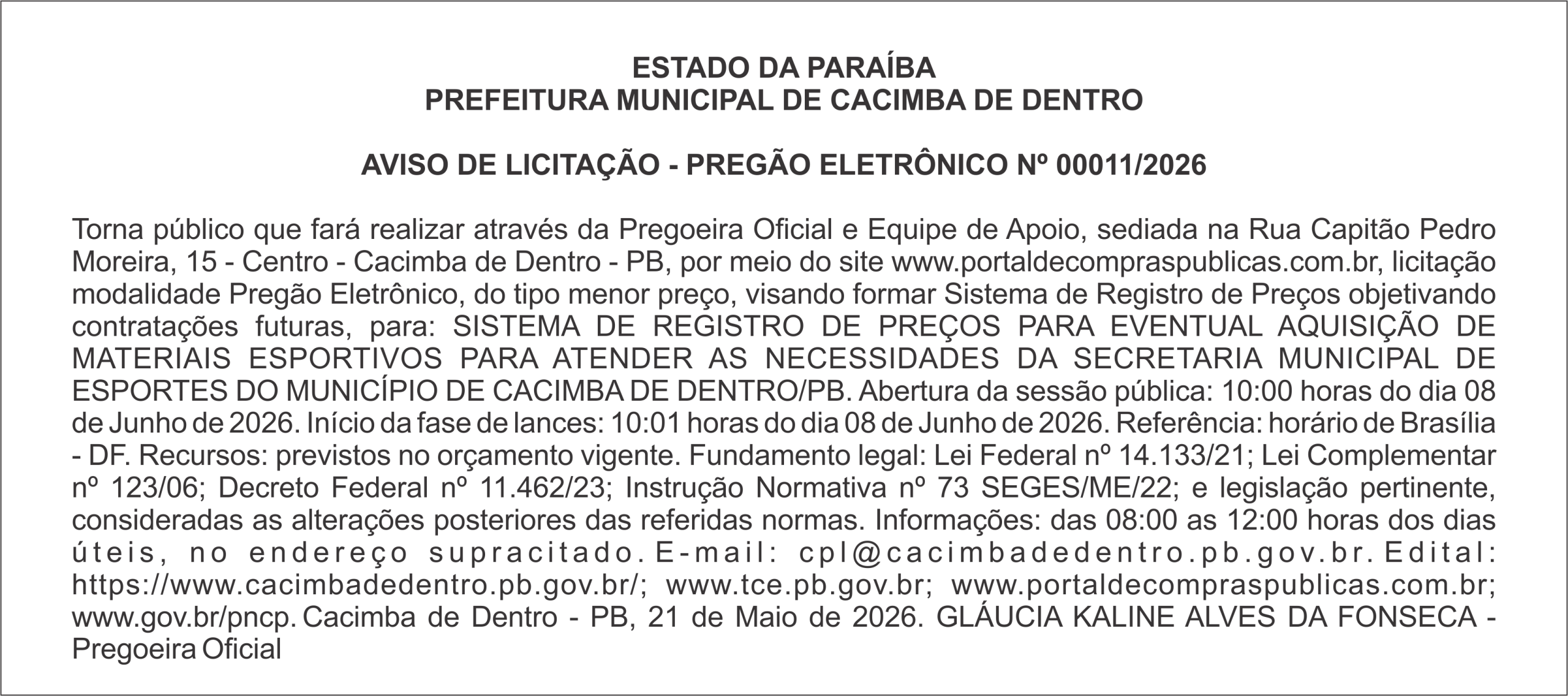 PREFEITURA MUNICIPAL DE CACIMBA DE DENTRO – AVISO DE LICITAÇÃO – PREGÃO ELETRÔNICO Nº 00011/2026