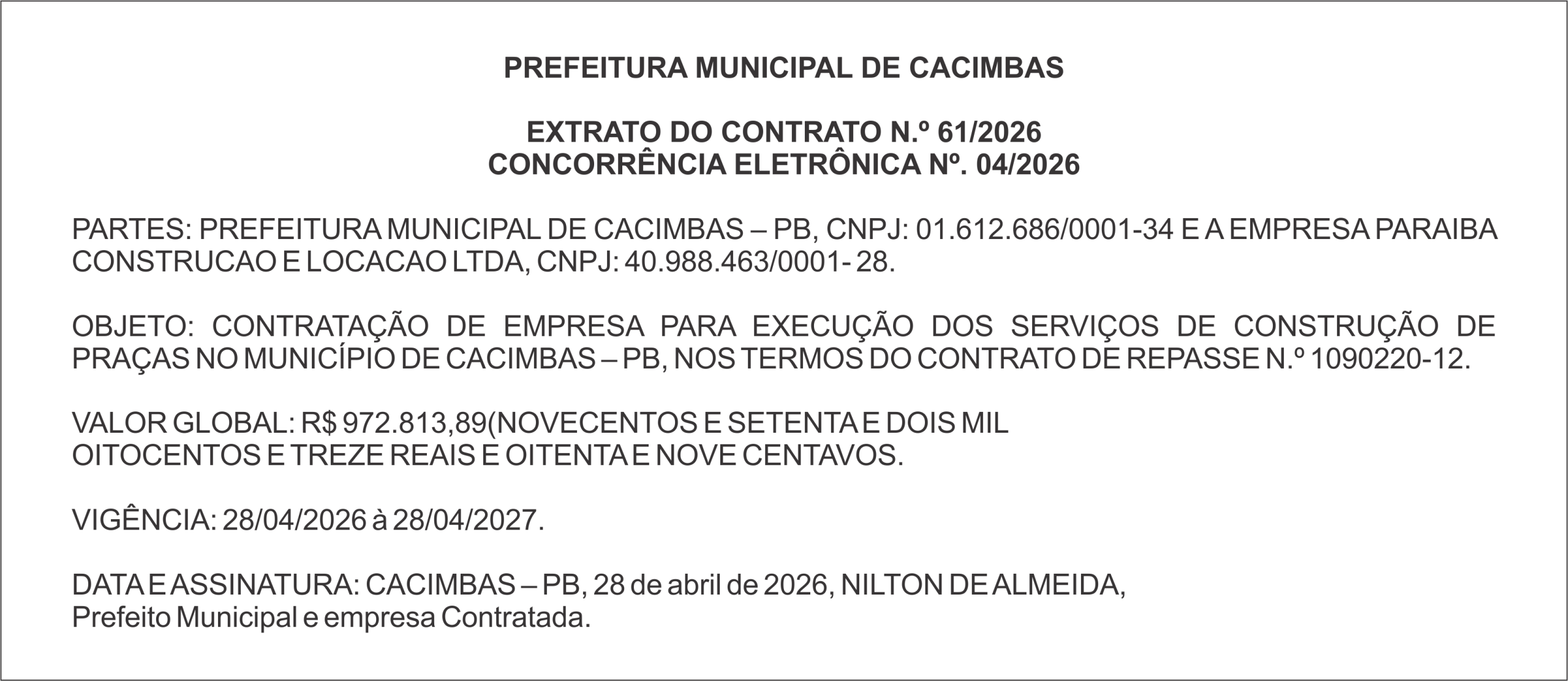 PREFEITURA DE CACIMBAS – EXTRATO DO CONTRATO N.º 61/2026