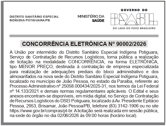 DSEI – PB – POTIGUARA – AVISO DE LICITAÇÃO – CONCORRÊNCIA 90002/2026