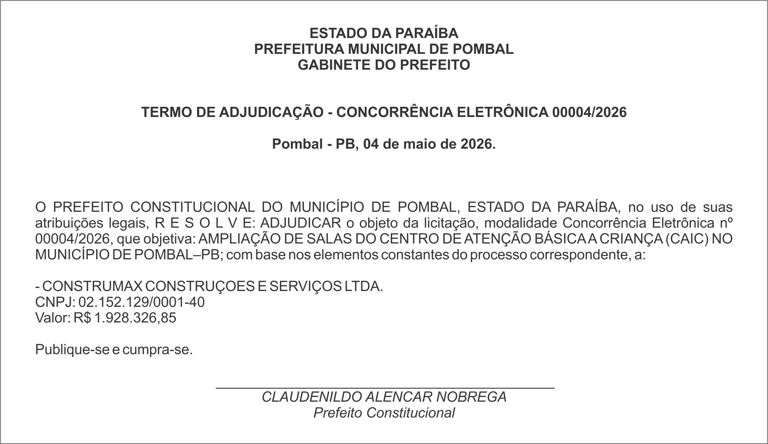 PREFEITURA MUNICIPAL DE POMBAL – TERMO DE ADJUDICAÇÃO – CONCORRÊNCIA ELETRÔNICA 00004/2026