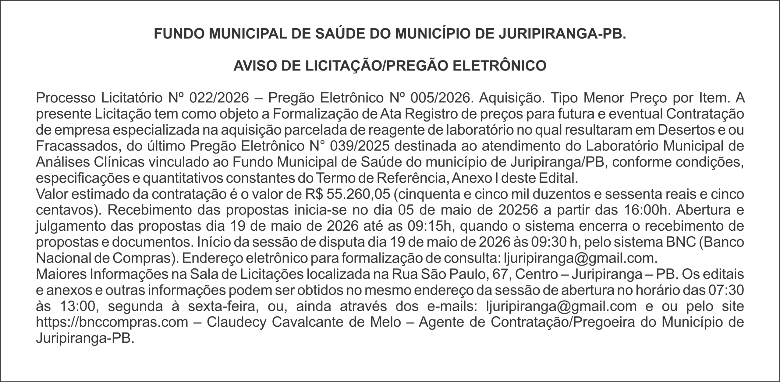 FUNDO MUNICIPAL DE SAÚDE DO MUNICÍPIO DE JURIPIRANGA-PB – AVISO DE LICITAÇÃO/PREGÃO ELETRÔNICO