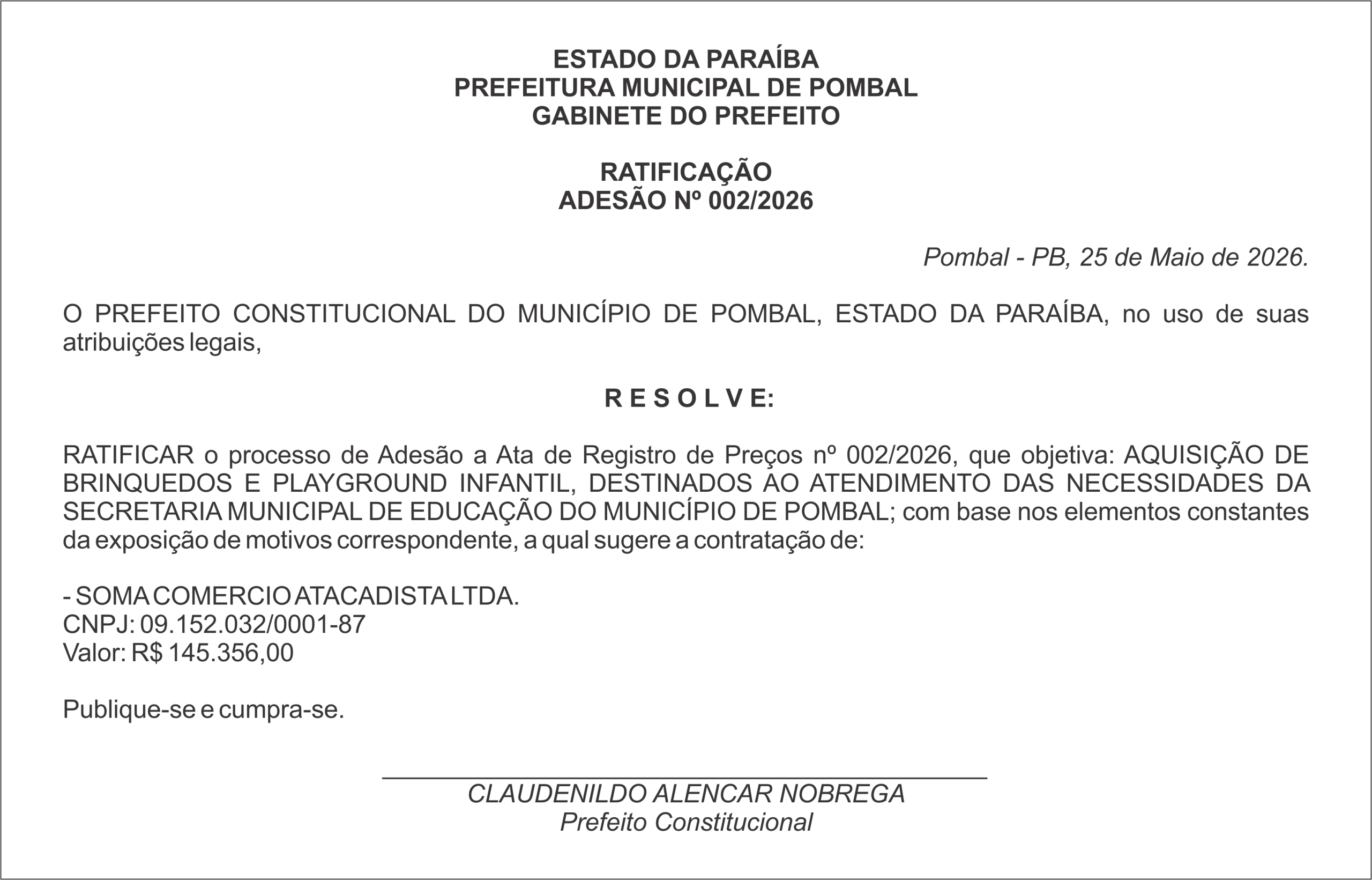 PREFEITURA MUNICIPAL DE POMBAL – RATIFICAÇÃO ADESÃO Nº 002/2026