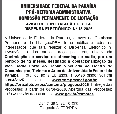 UNIVERSIDADE FEDERAL DA PARAIBA – CONTRATAÇÃO DIRETA DISPENSA ELETRÔNICO No 15-2026
