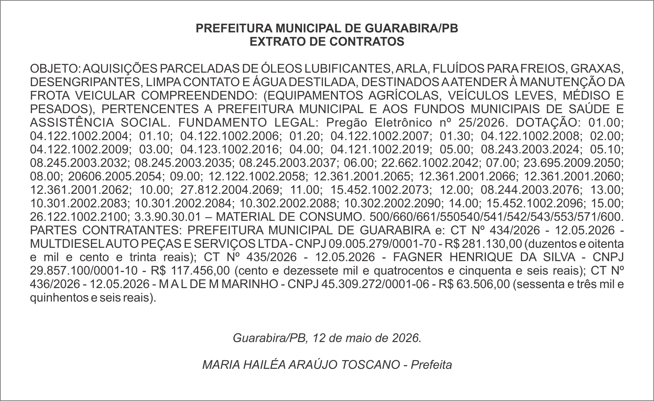 PREFEITURA MUNICIPAL DE GUARABIRA/PB – EXTRATO DE CONTRATOS