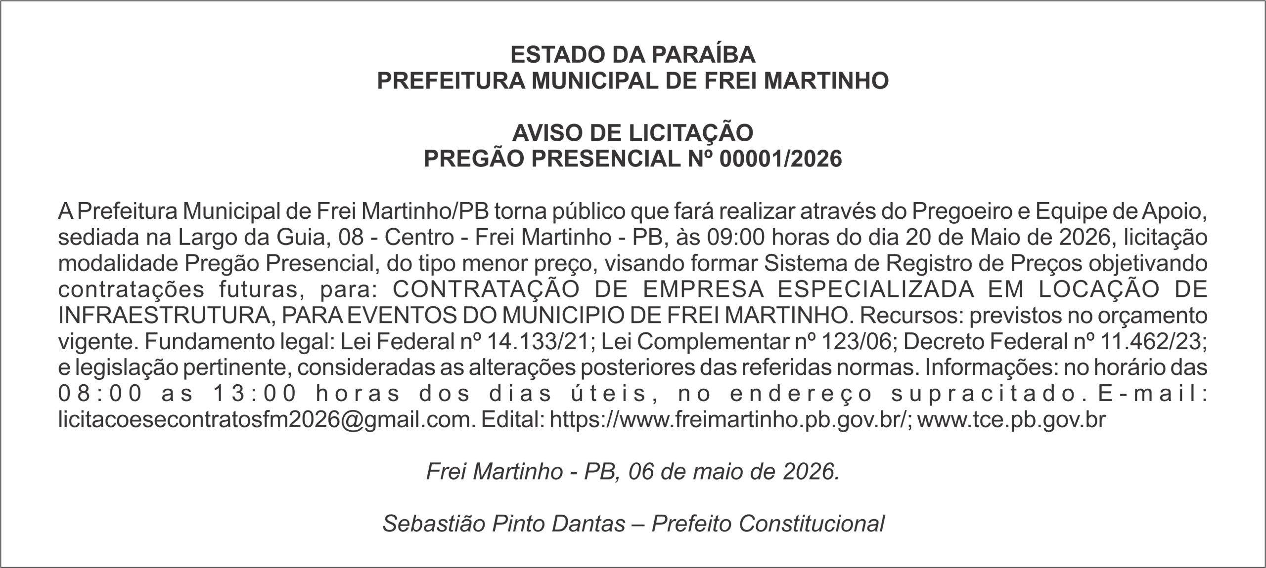 PREFEITURA MUNICIPAL DE FREI MARTINHO – AVISO DE LICITAÇÃO PREGÃO PRESENCIAL Nº 00001/2026
