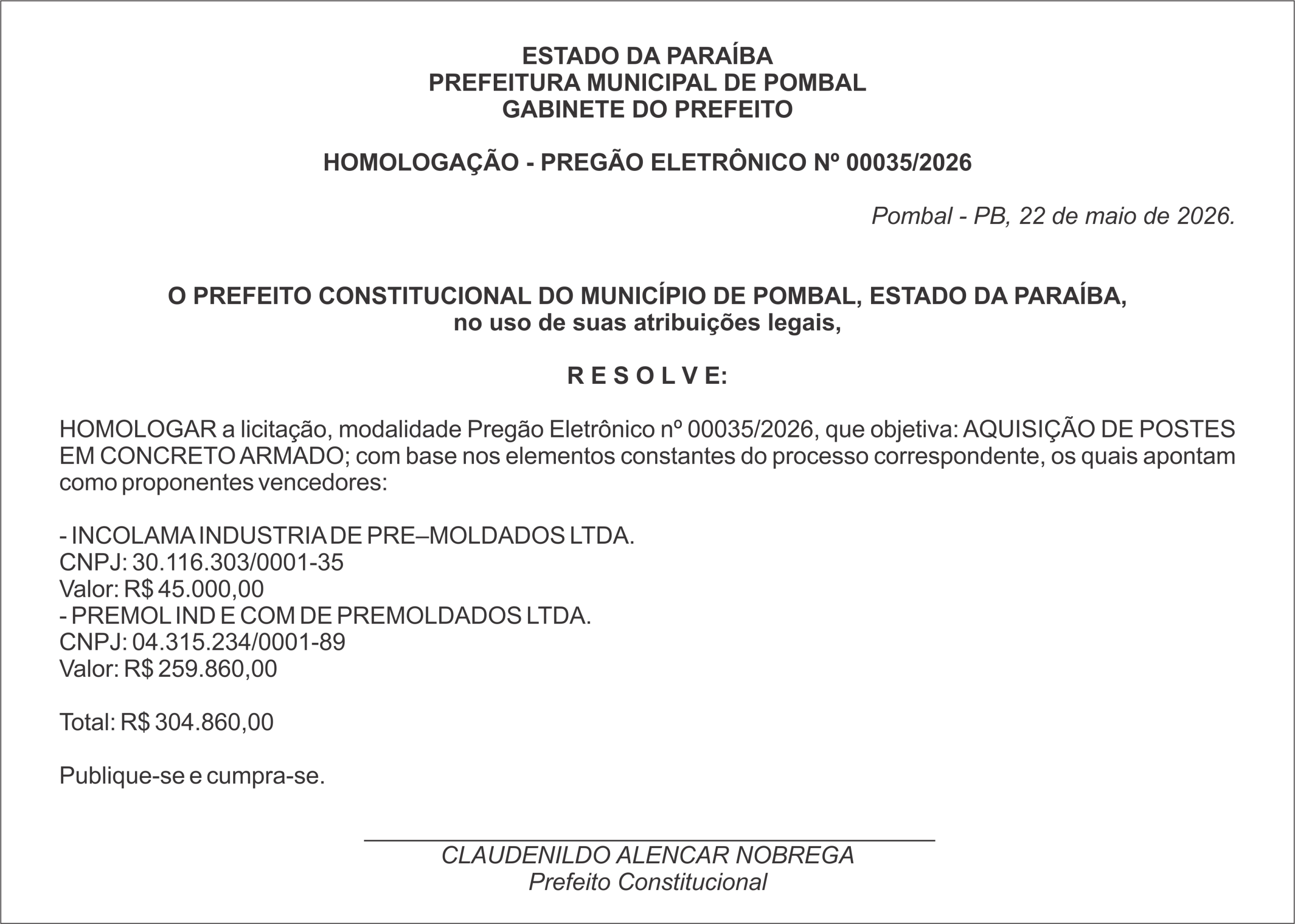 PREFEITURA MUNICIPAL DE POMBAL – RATIFICAÇÃO – ADESÃO Nº 001/2026